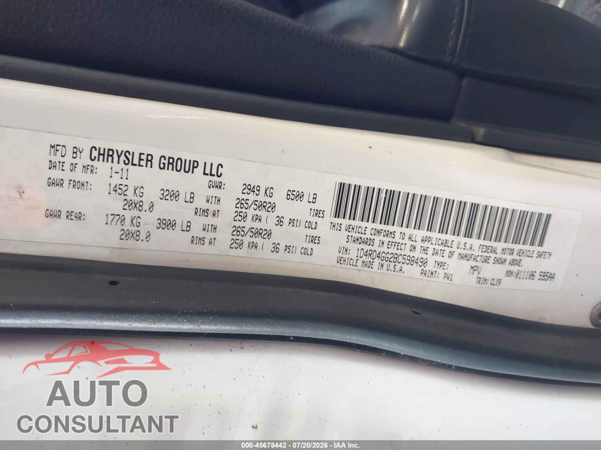 DODGE DURANGO 2011 - 1D4RD4GG2BC598490