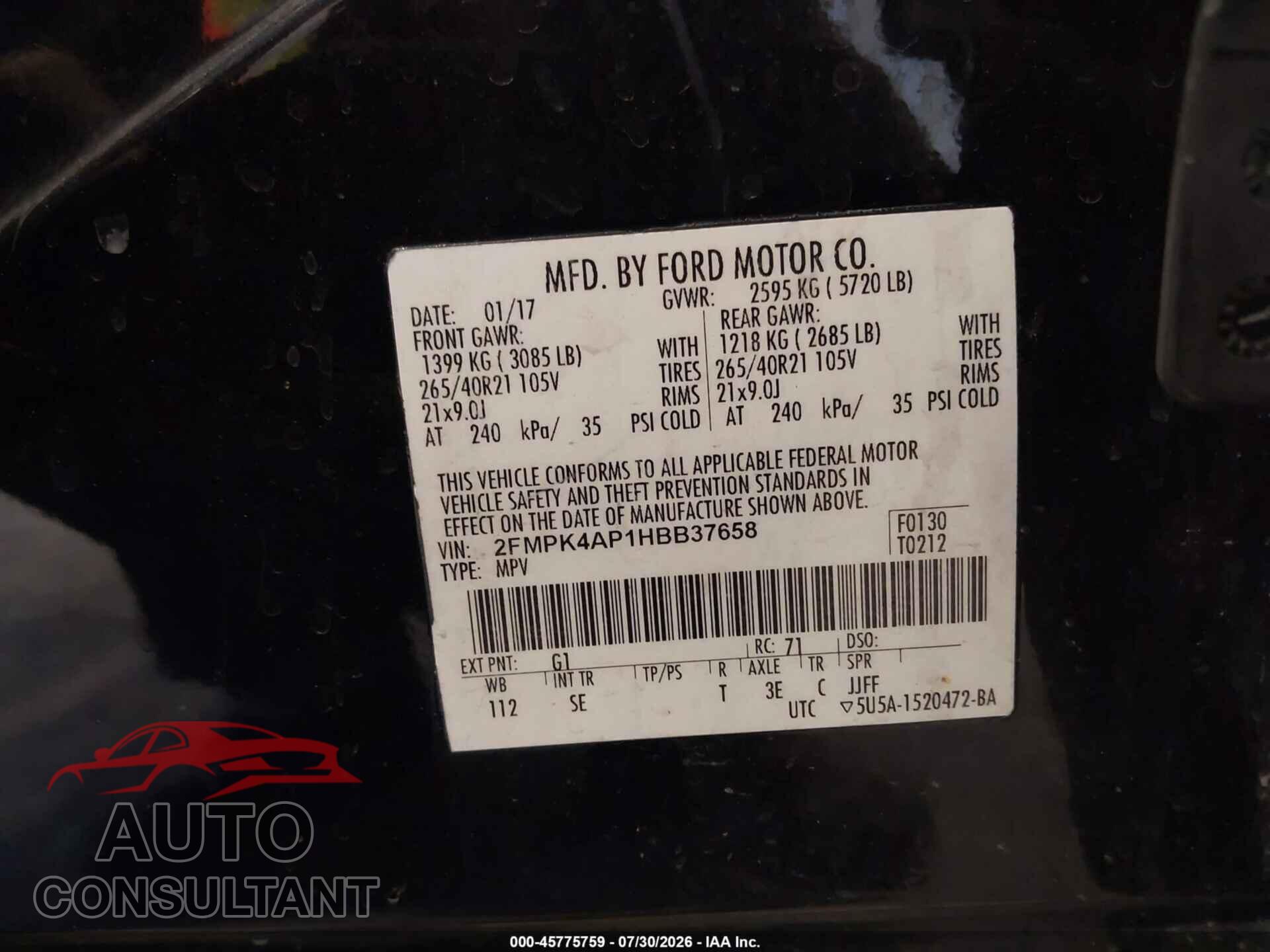 FORD EDGE 2017 - 2FMPK4AP1HBB37658