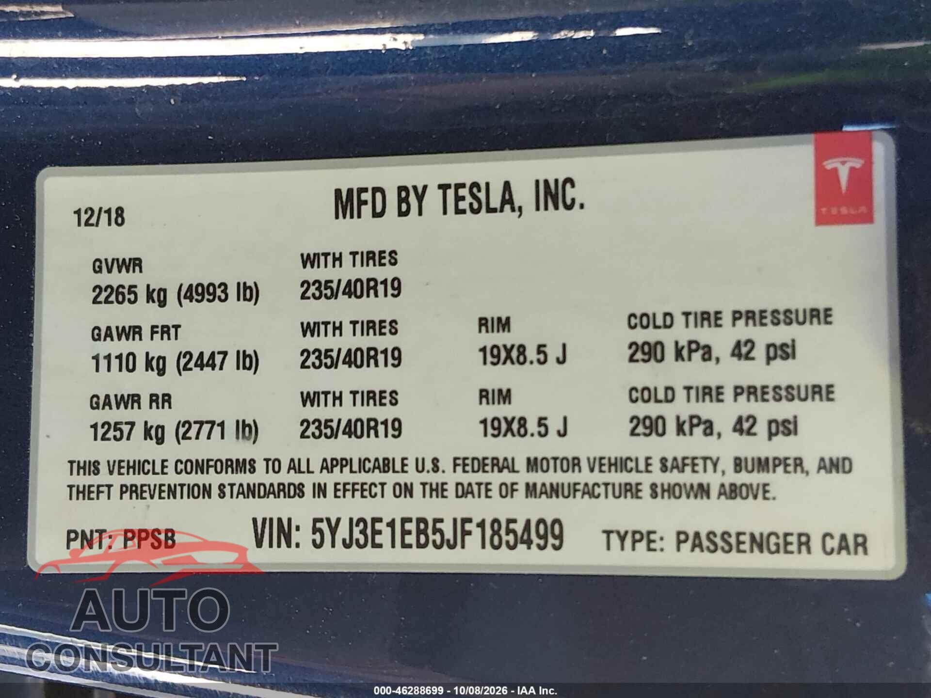 TESLA MODEL 3 2018 - 5YJ3E1EB5JF185499