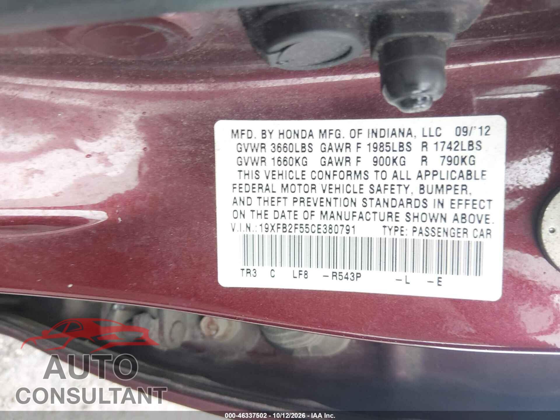 HONDA CIVIC 2012 - 19XFB2F55CE380791