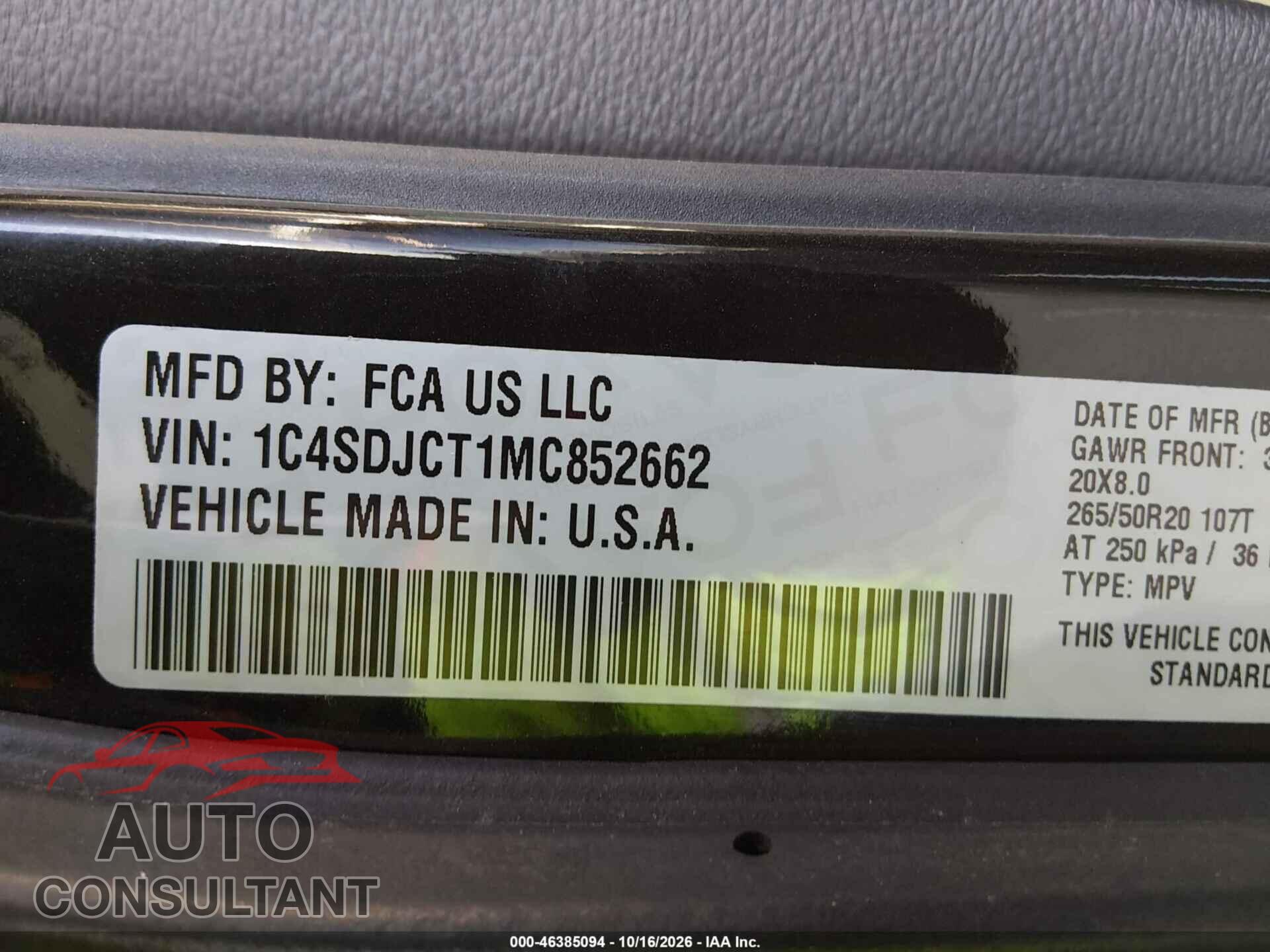 DODGE DURANGO 2021 - 1C4SDJCT1MC852662