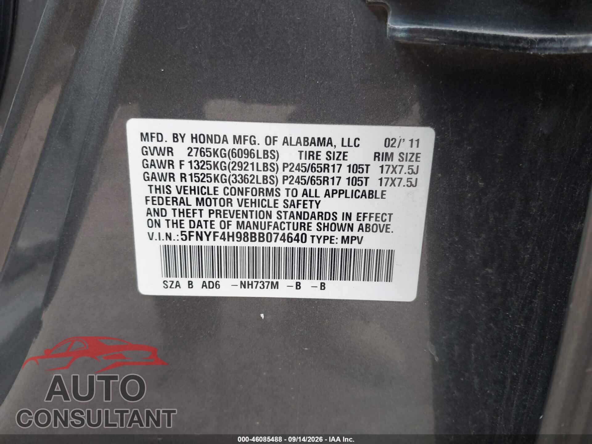 HONDA PILOT 2011 - 5FNYF4H98BB074640