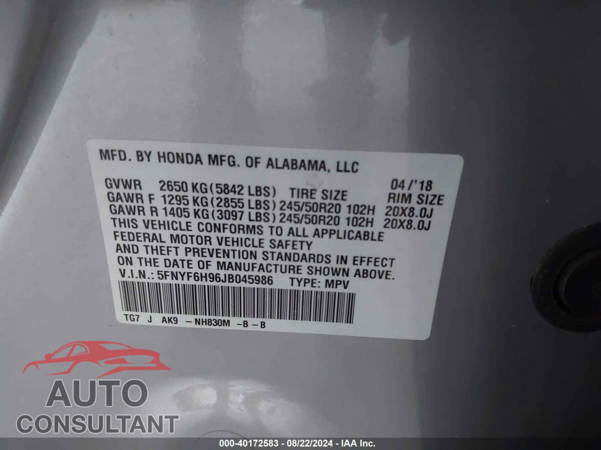 HONDA PILOT 2018 - 5FNYF6H96JB045986