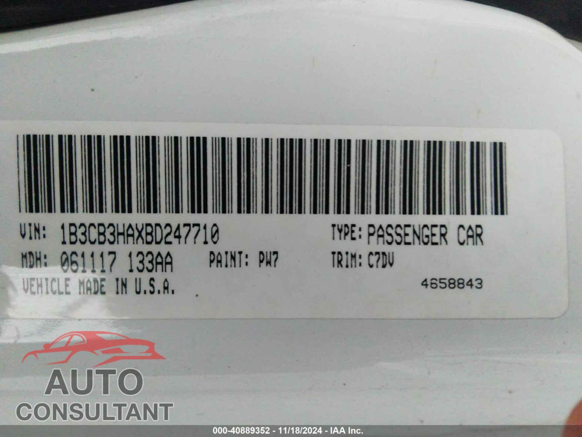 DODGE CALIBER 2011 - 1B3CB3HAXBD247710