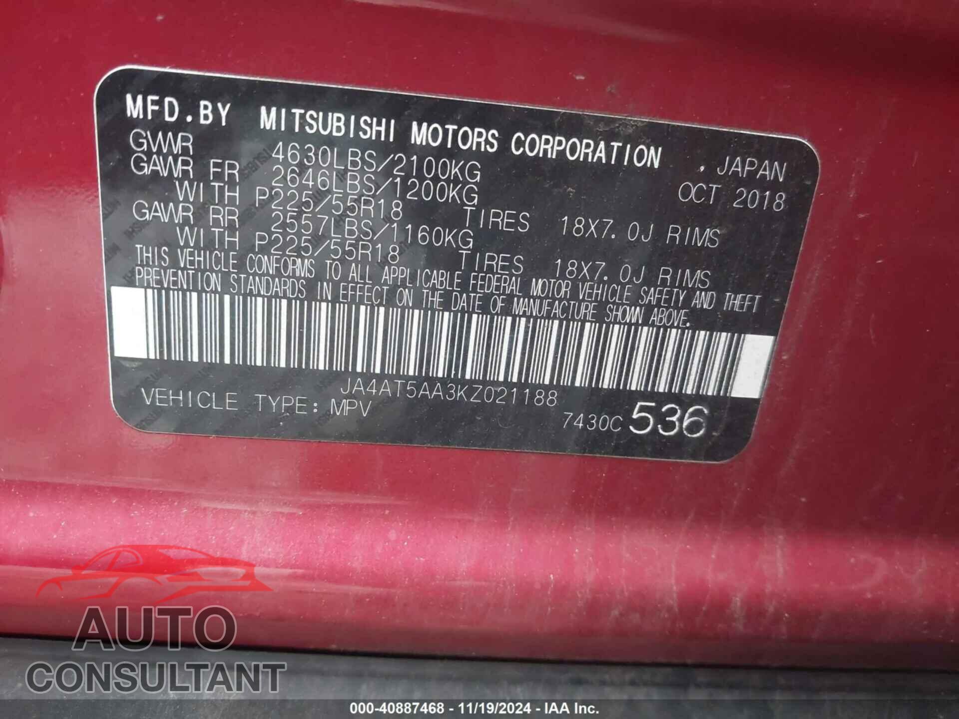 MITSUBISHI ECLIPSE CROSS 2019 - JA4AT5AA3KZ021188