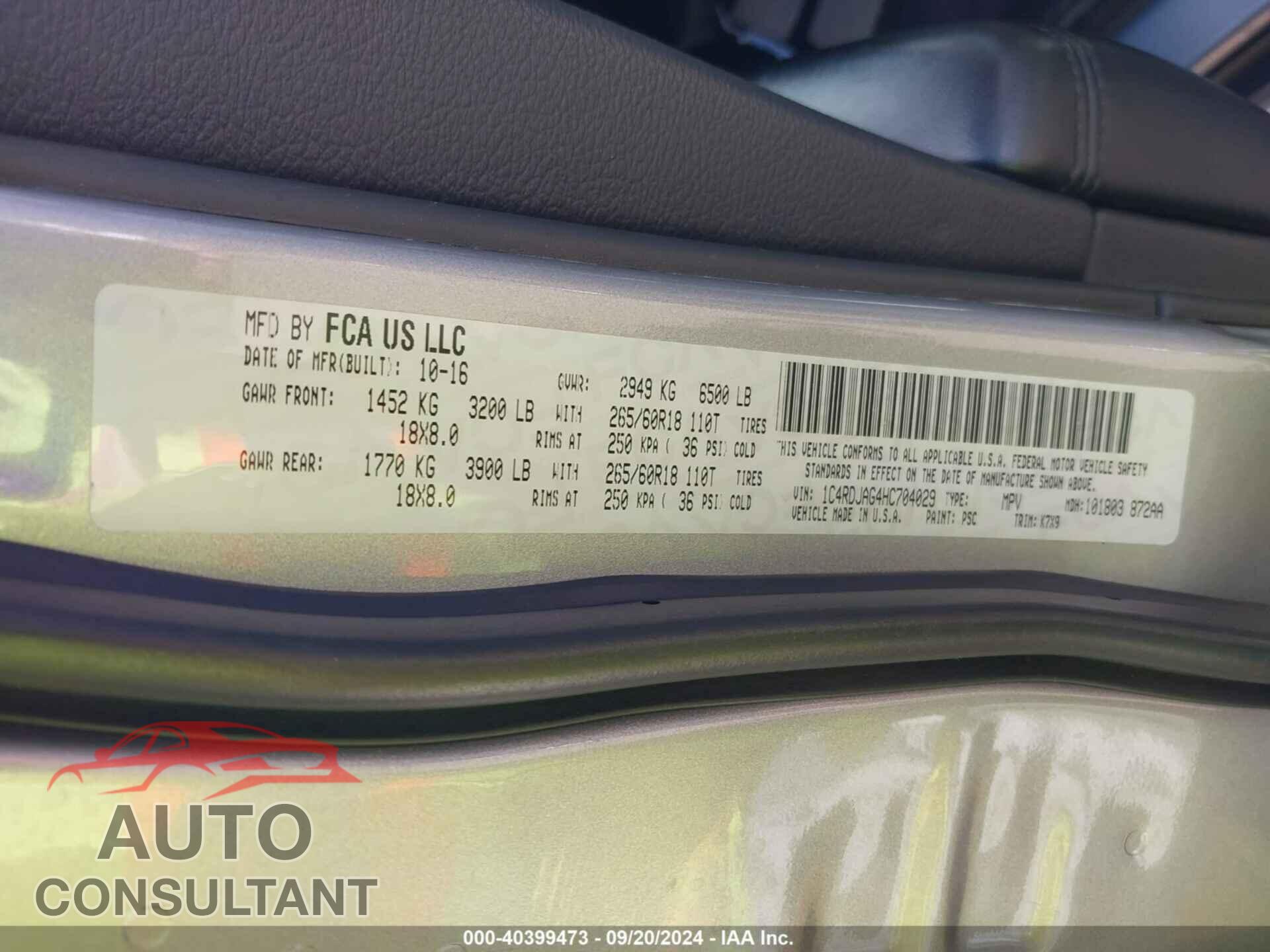 DODGE DURANGO 2017 - 1C4RDJAG4HC704029