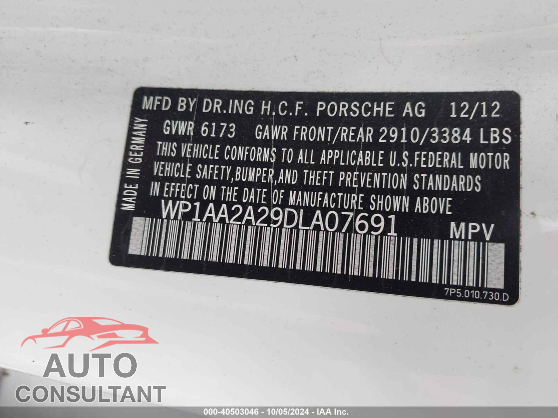 PORSCHE CAYENNE 2013 - WP1AA2A29DLA07691