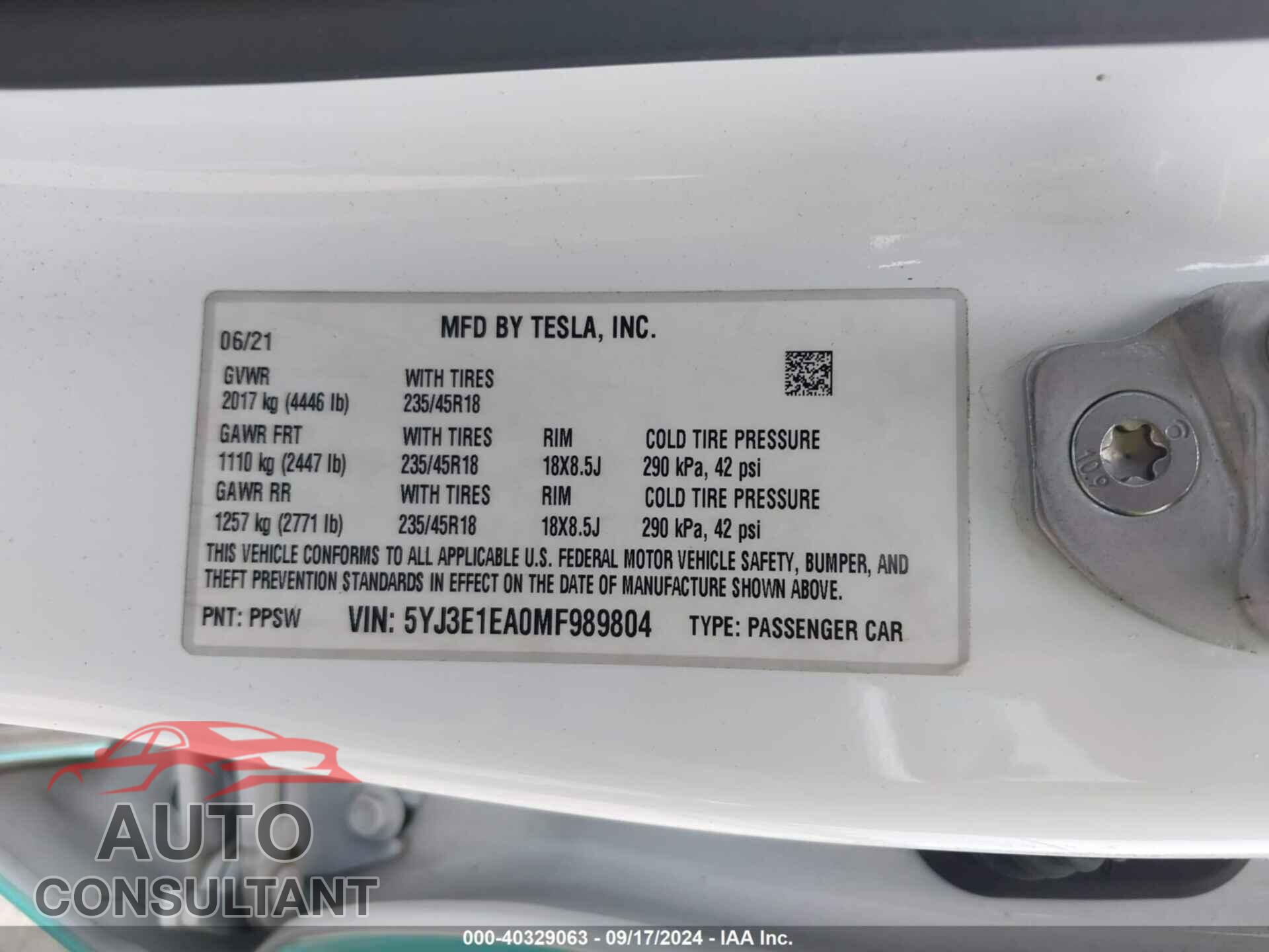 TESLA MODEL 3 2021 - 5YJ3E1EA0MF989804