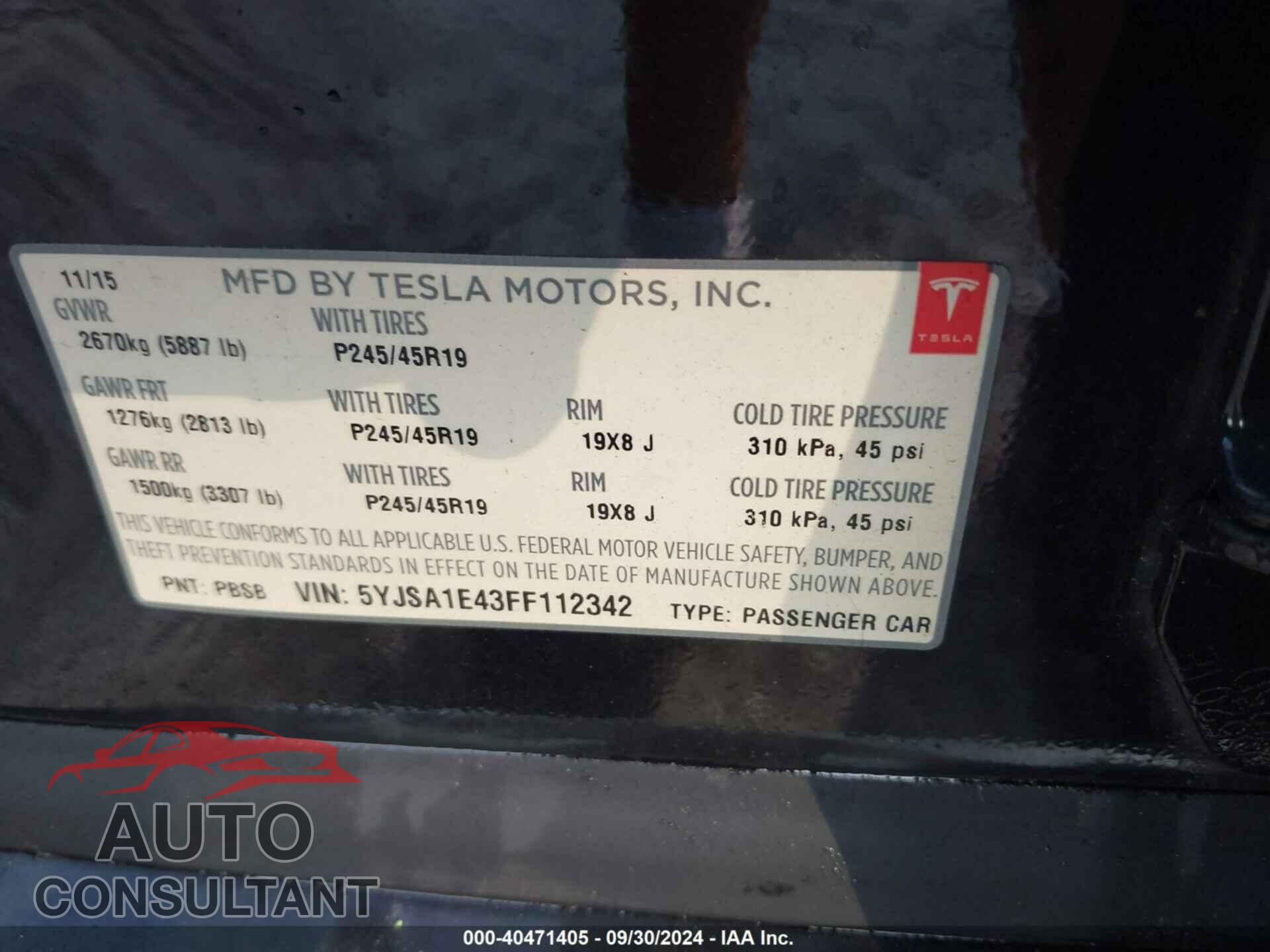 TESLA MODEL S 2015 - 5YJSA1E43FF112342