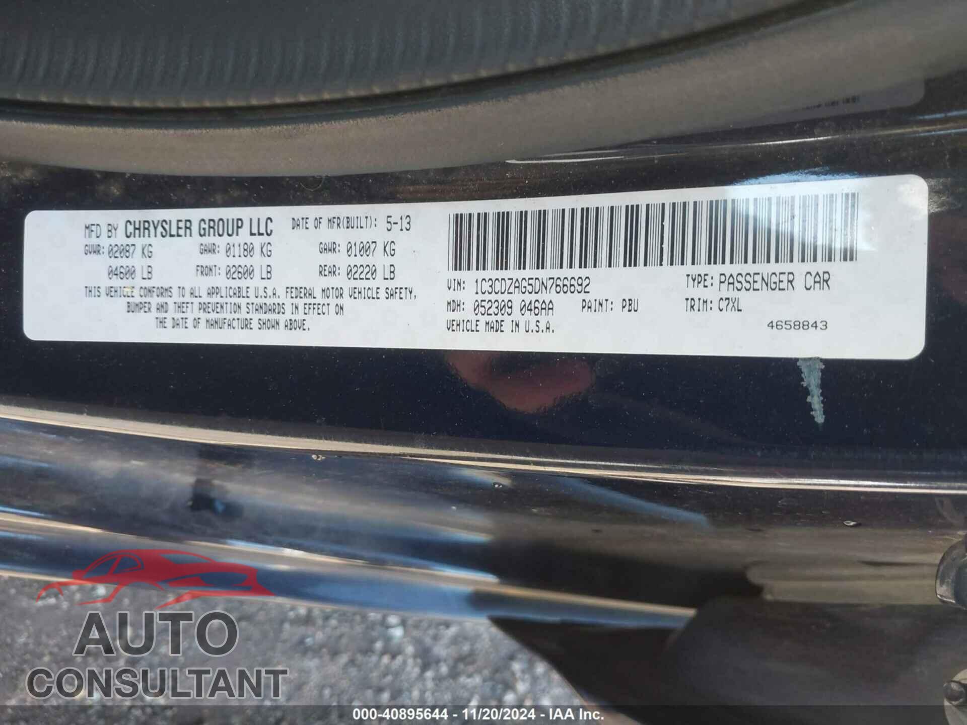 DODGE AVENGER 2013 - 1C3CDZAG5DN766692