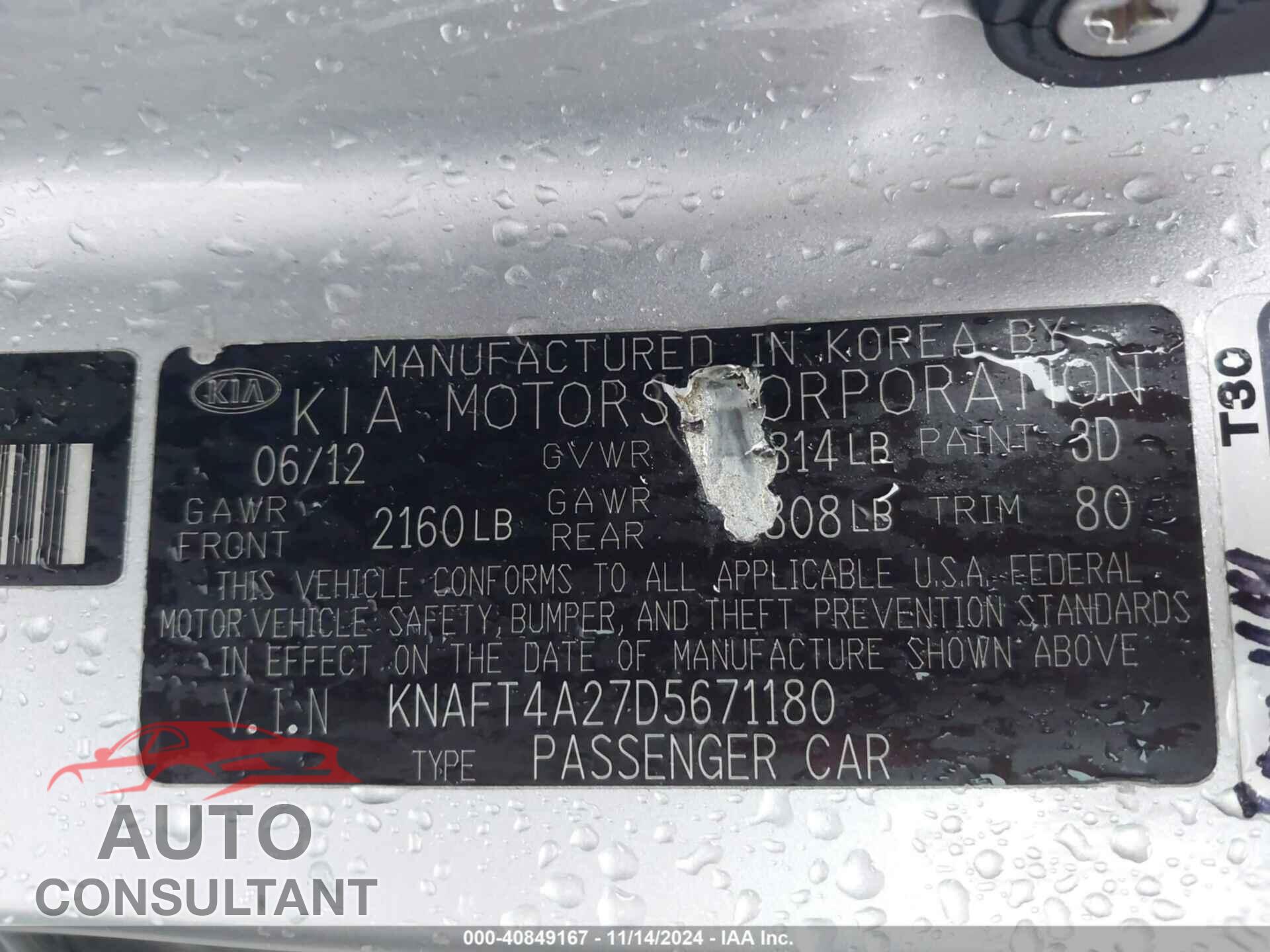 KIA FORTE 2013 - KNAFT4A27D5671180