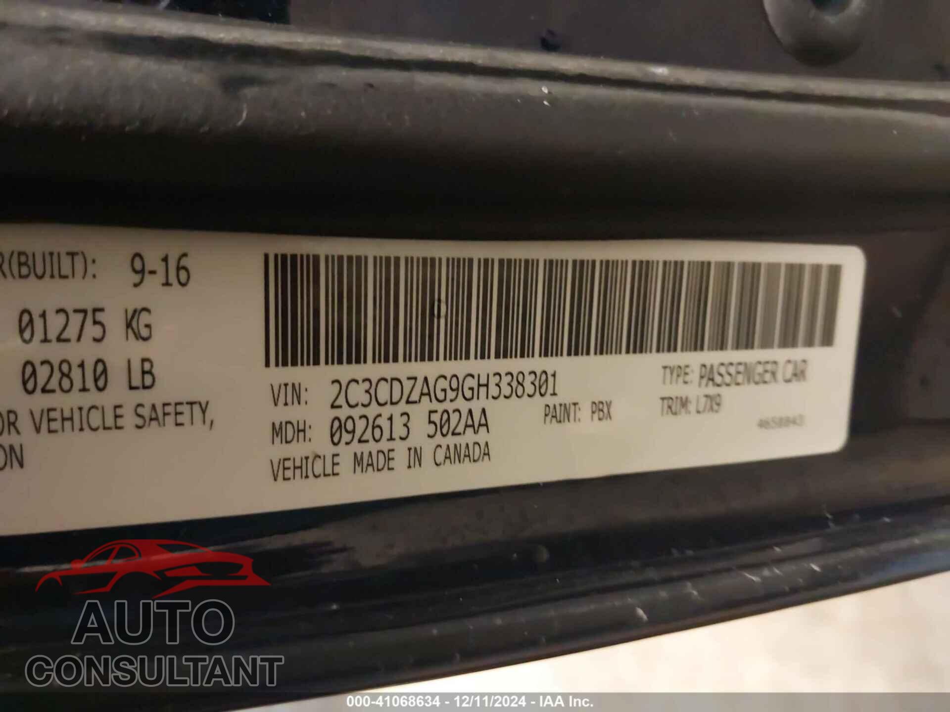 DODGE CHALLENGER 2016 - 2C3CDZAG9GH338301