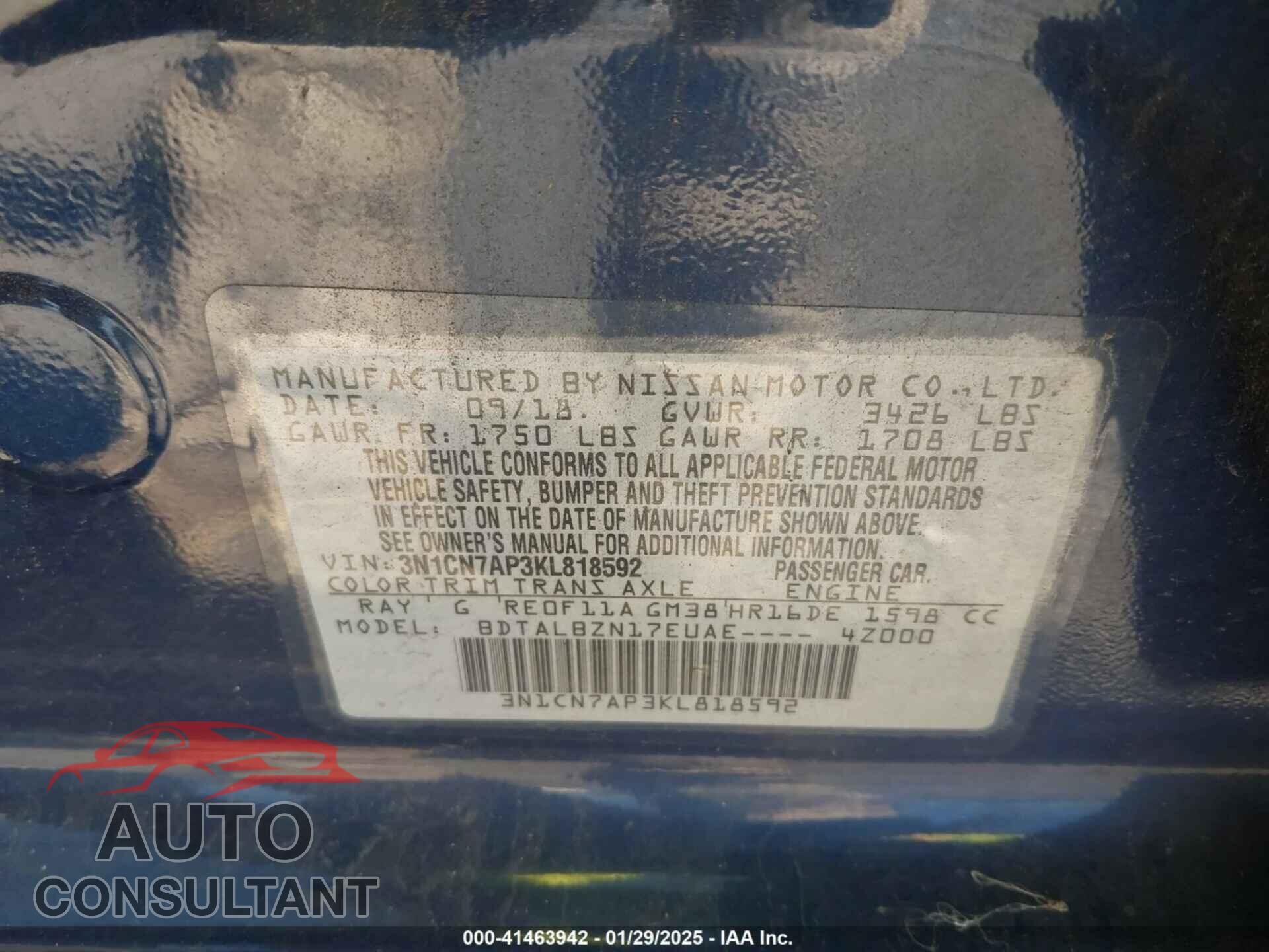 NISSAN VERSA 2019 - 3N1CN7AP3KL818592