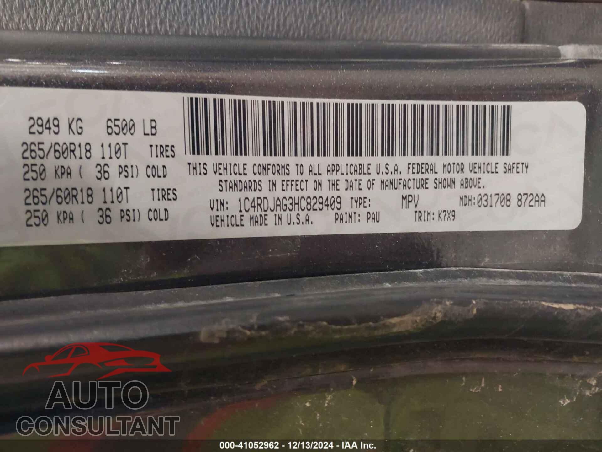DODGE DURANGO 2017 - 1C4RDJAG3HC829409