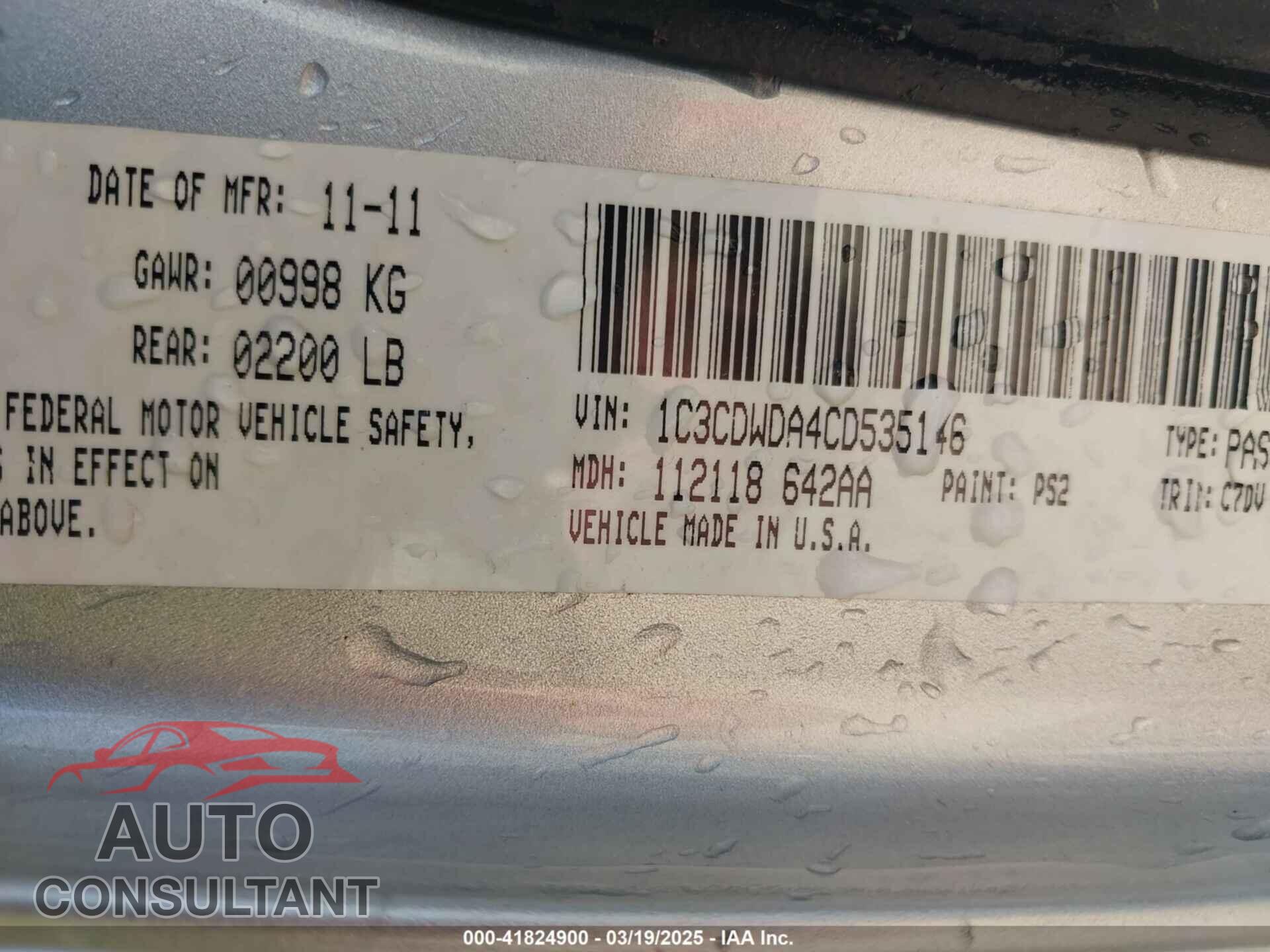 DODGE CALIBER 2012 - 1C3CDWDA4CD535146