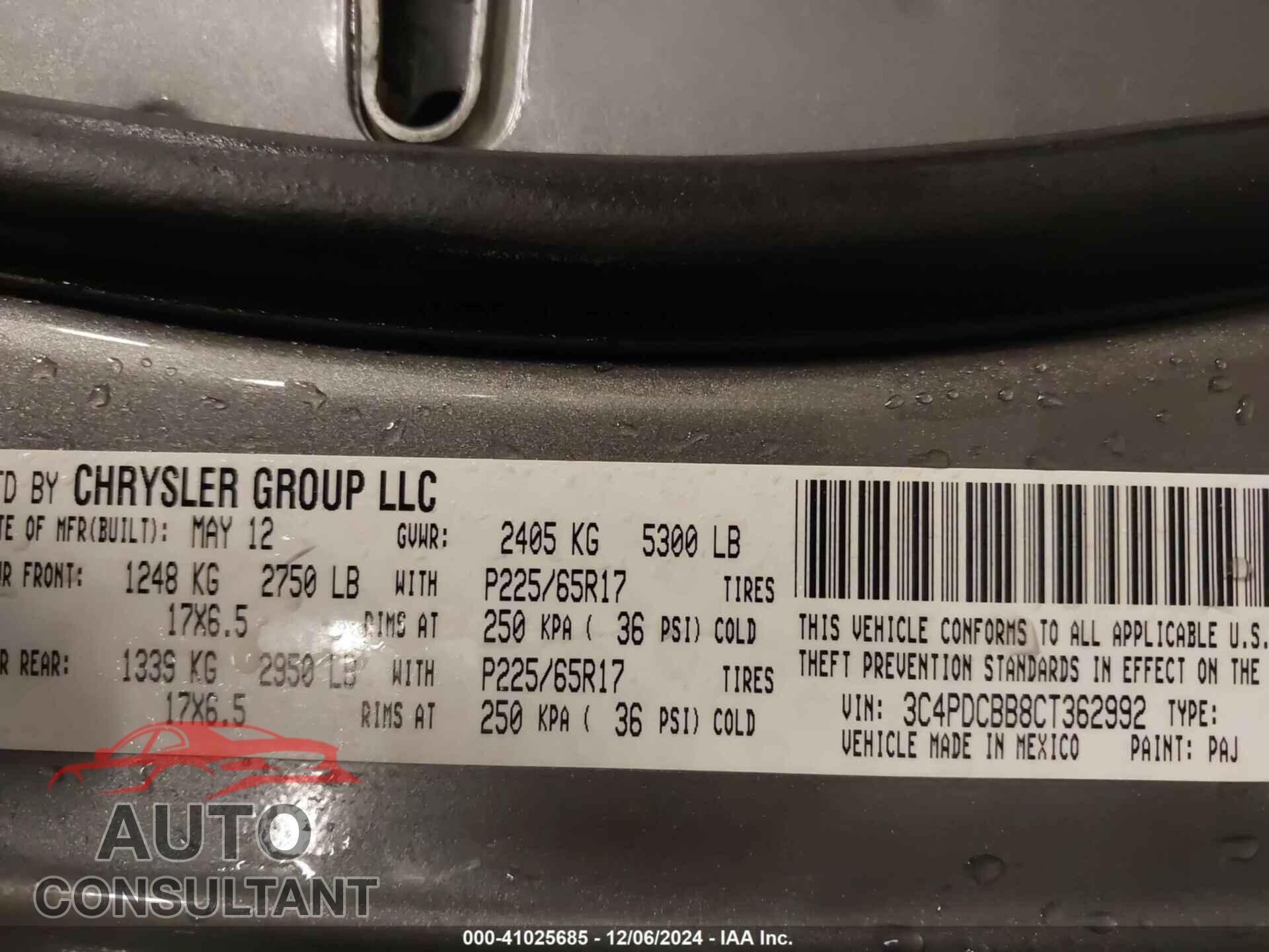 DODGE JOURNEY 2012 - 3C4PDCBB8CT362992