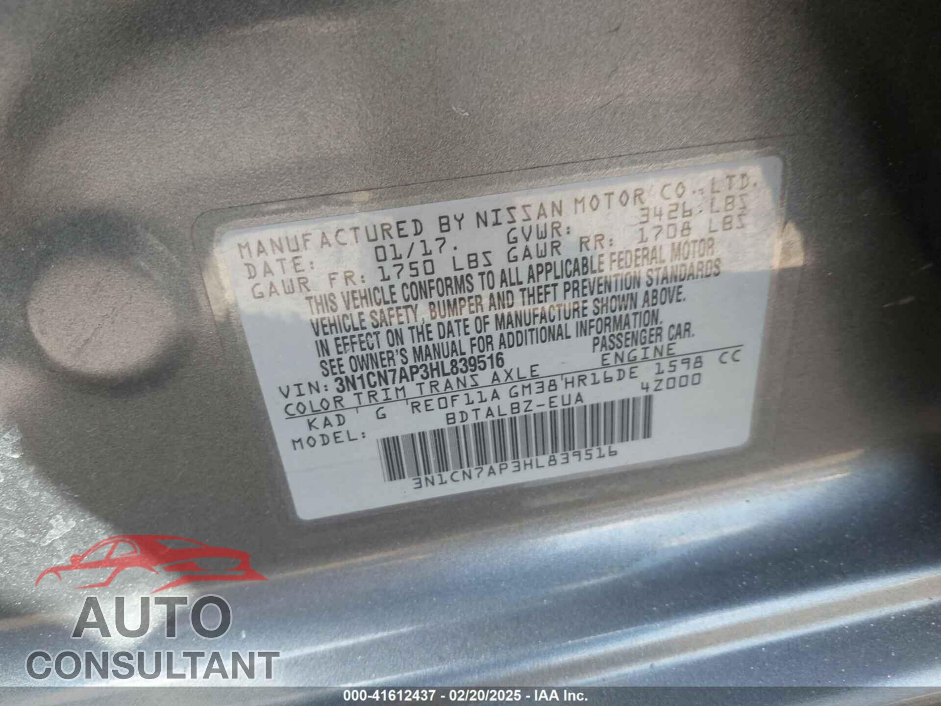 NISSAN VERSA 2017 - 3N1CN7AP3HL839516