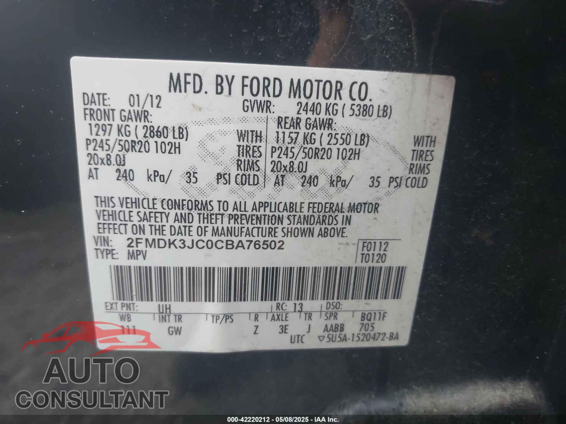 FORD EDGE 2012 - 2FMDK3JC0CBA76502