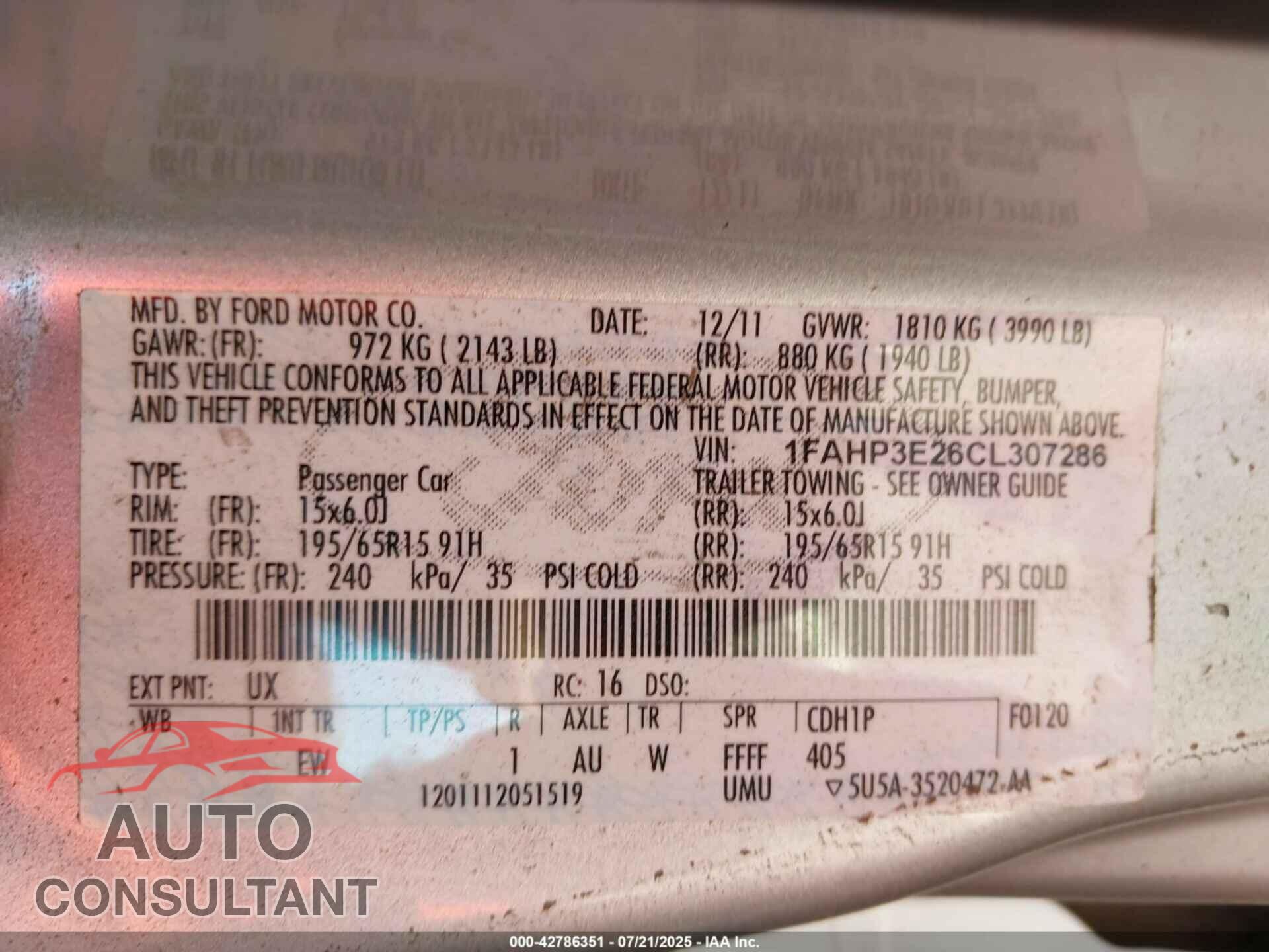 FORD FOCUS 2012 - 1FAHP3E26CL307286