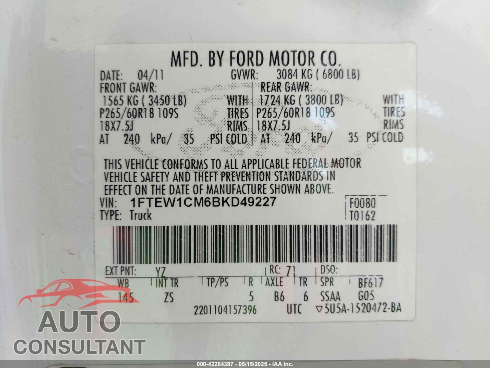 FORD F-150 2011 - 1FTEW1CM6BKD49227