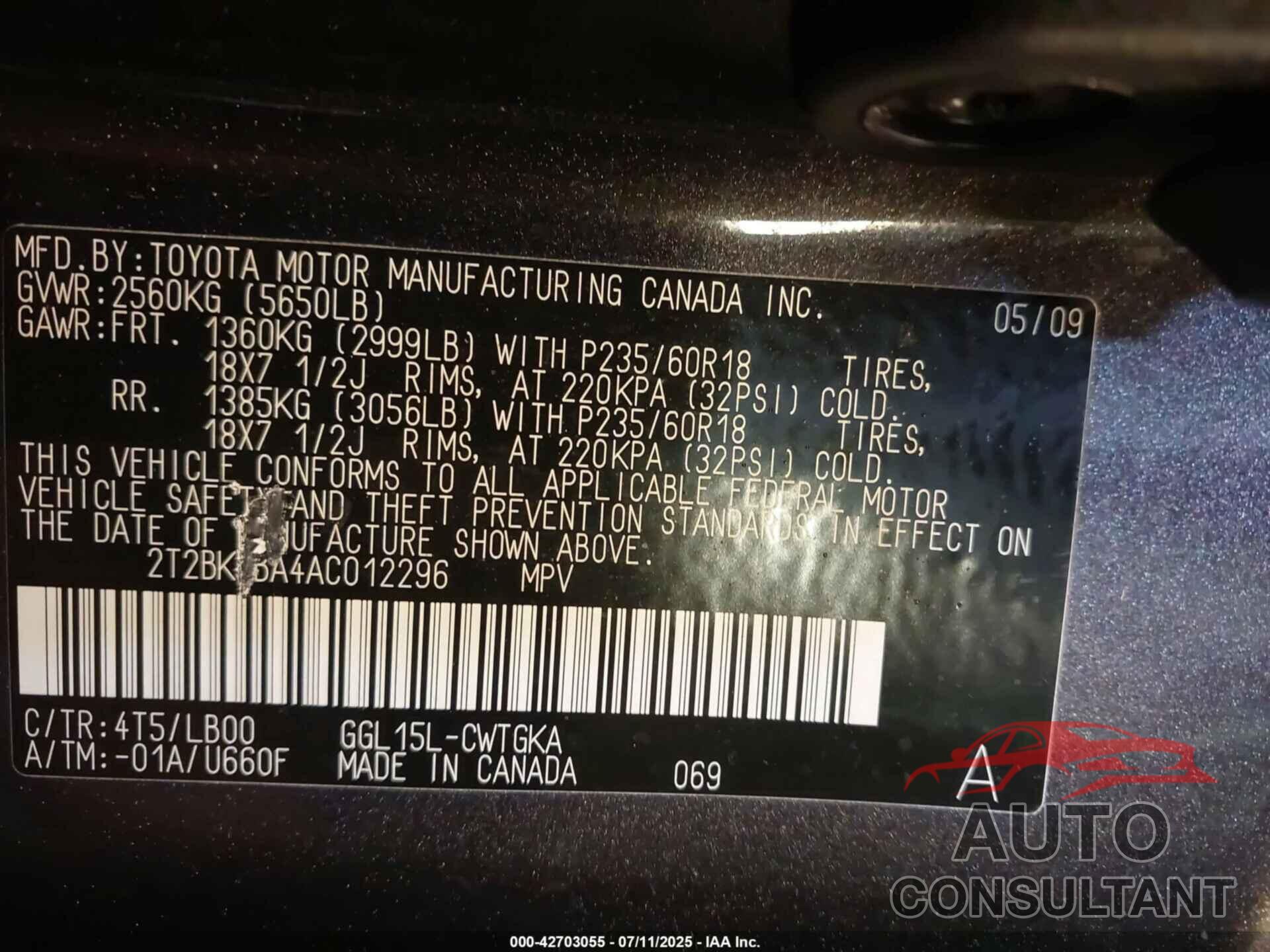 LEXUS RX 350 2010 - 2T2BK1BA4AC012296