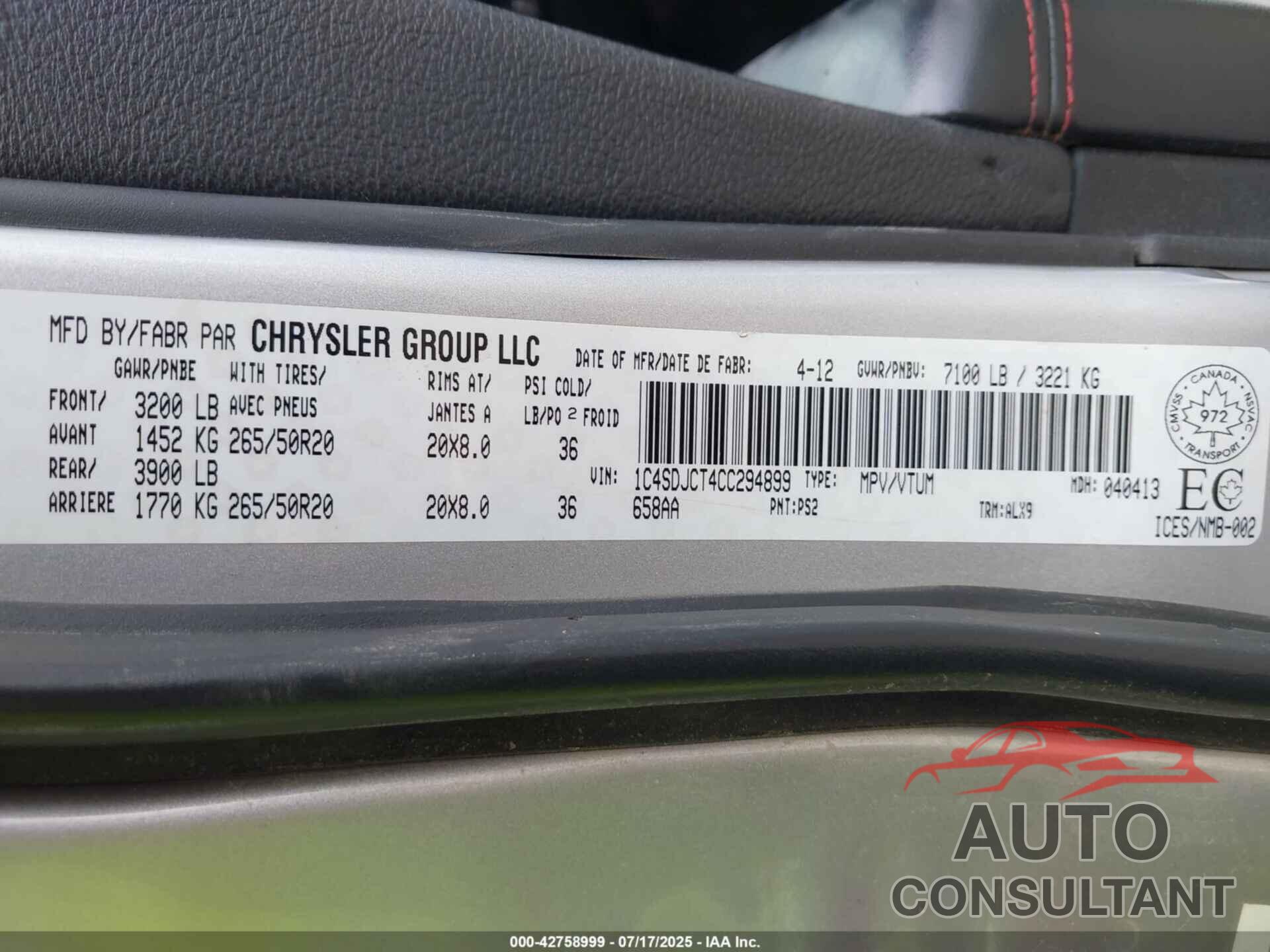DODGE DURANGO 2012 - 1C4SDJCT4CC294899