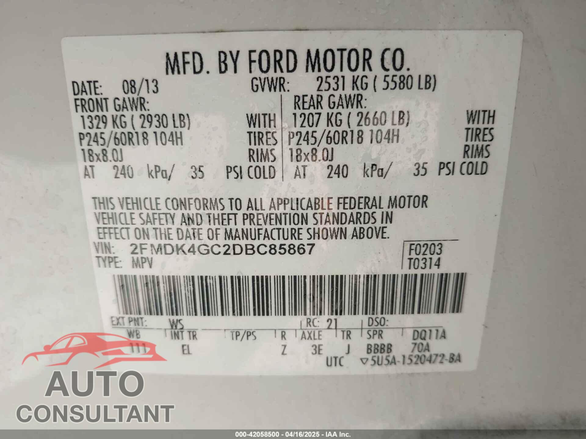 FORD EDGE 2013 - 2FMDK4GC2DBC85867