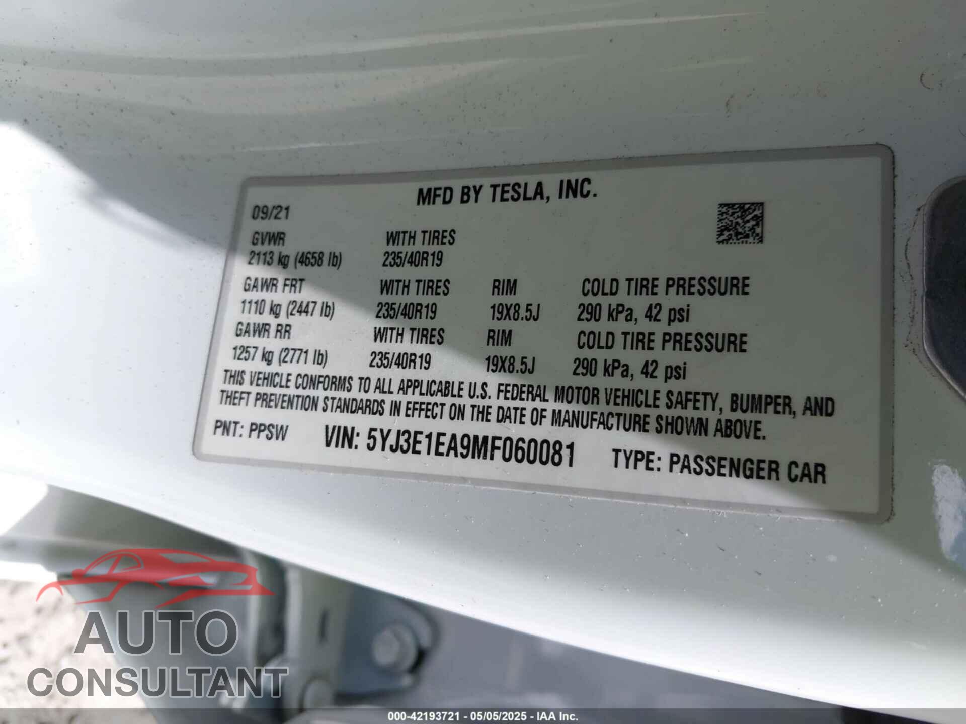 TESLA MODEL 3 2021 - 5YJ3E1EA9MF060081