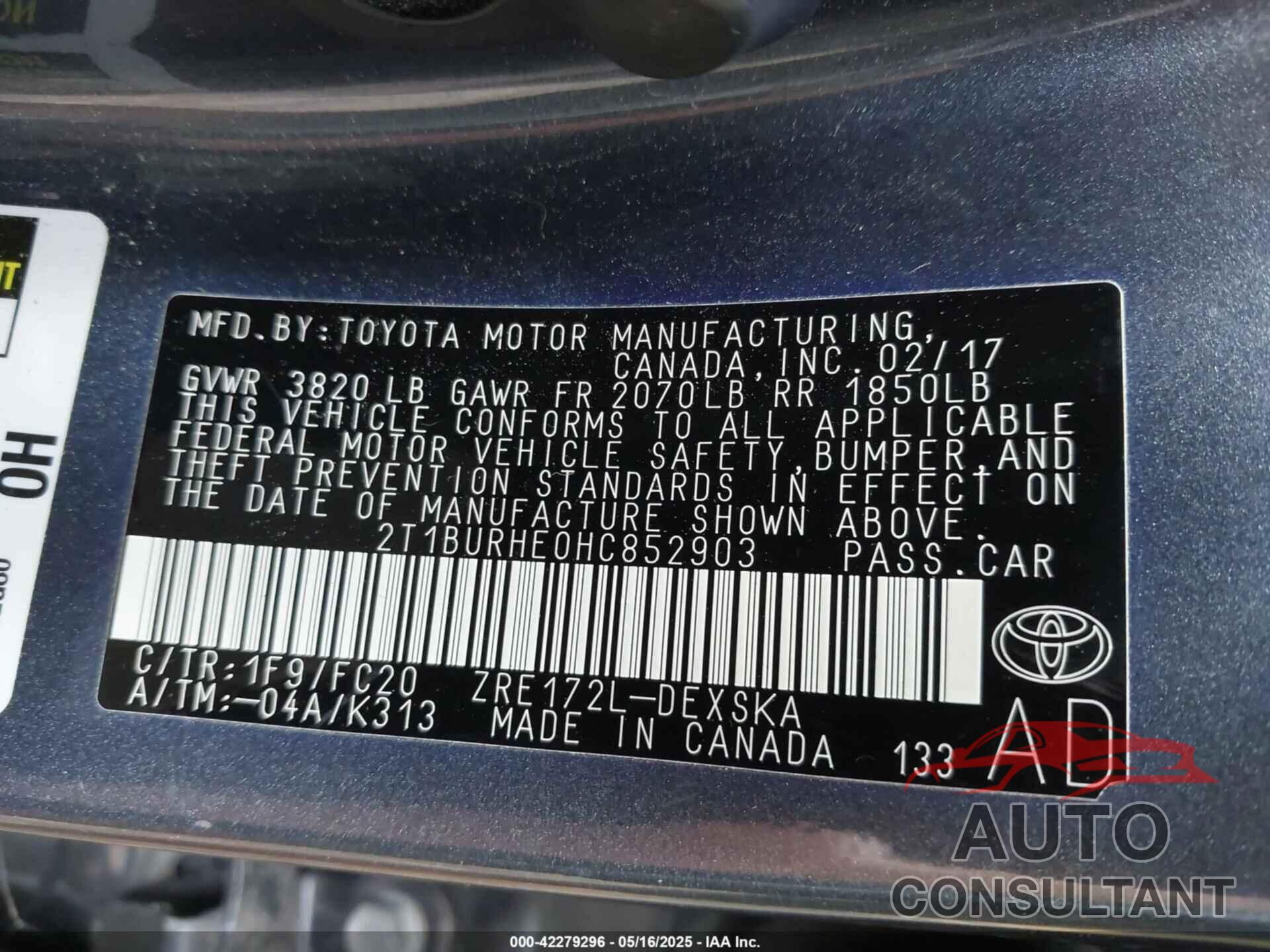 TOYOTA COROLLA 2017 - 2T1BURHE0HC852903