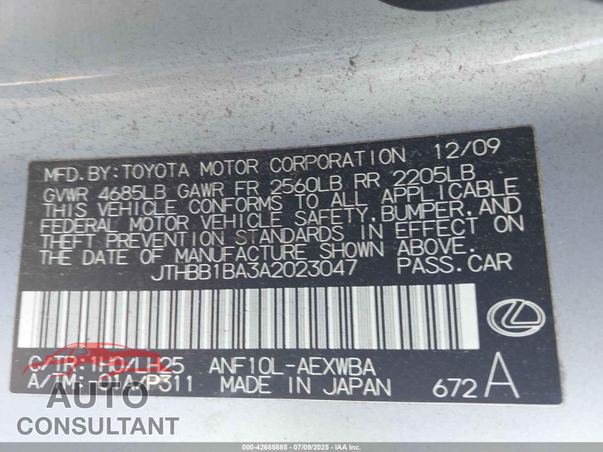 LEXUS HS 2010 - JTHBB1BA3A2023047