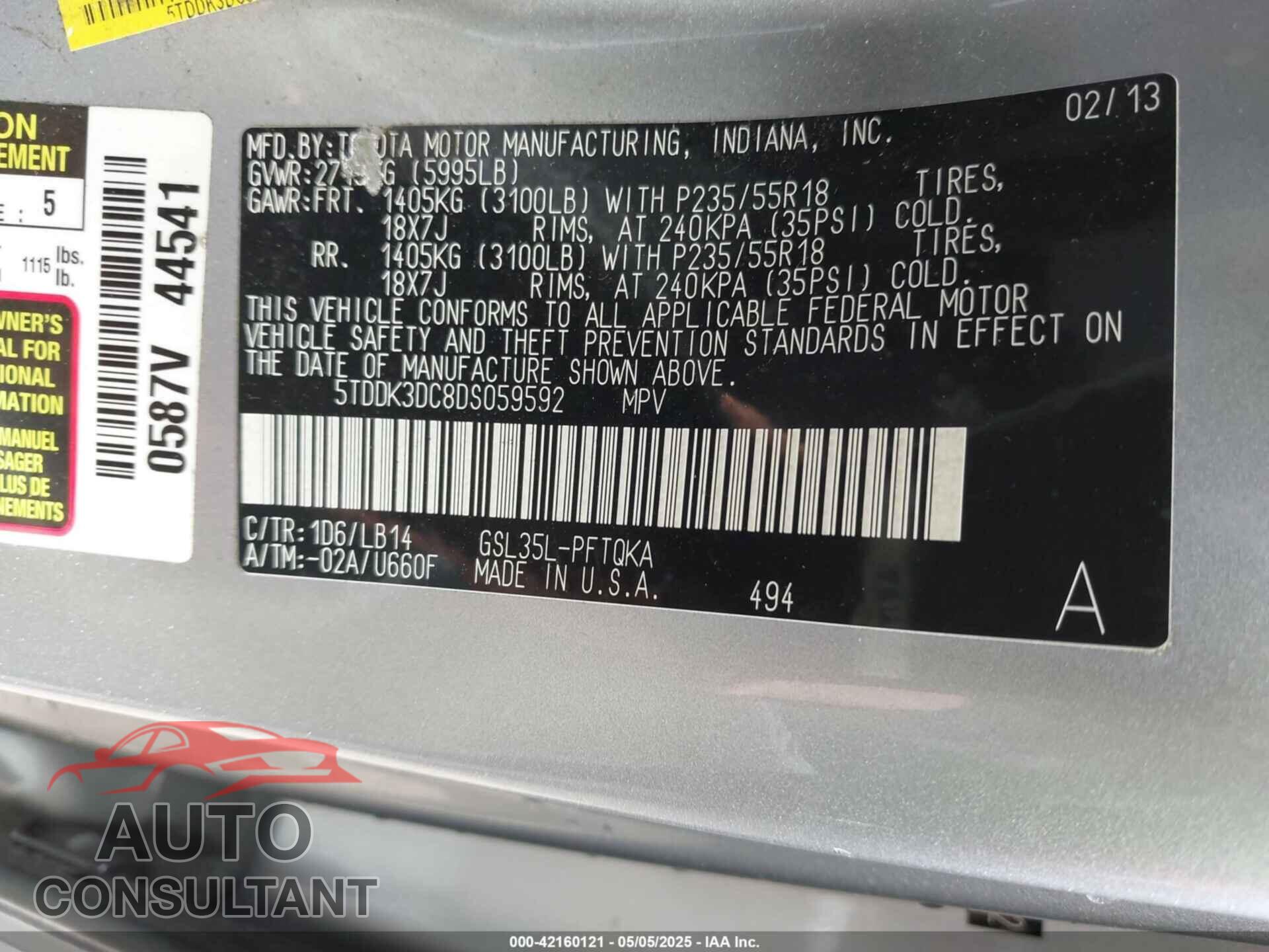 TOYOTA SIENNA 2013 - 5TDDK3DC8DS059592