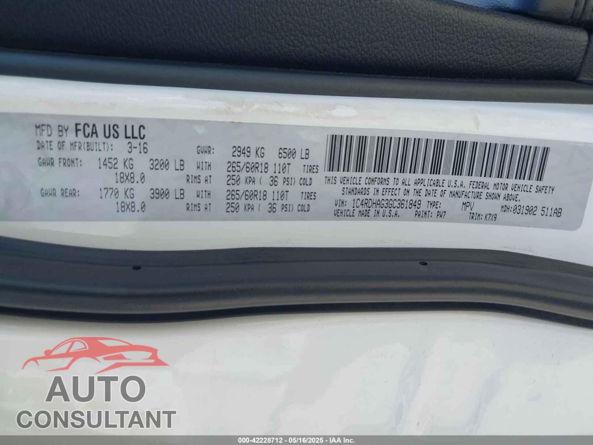 DODGE DURANGO 2016 - 1C4RDHAG3GC361849