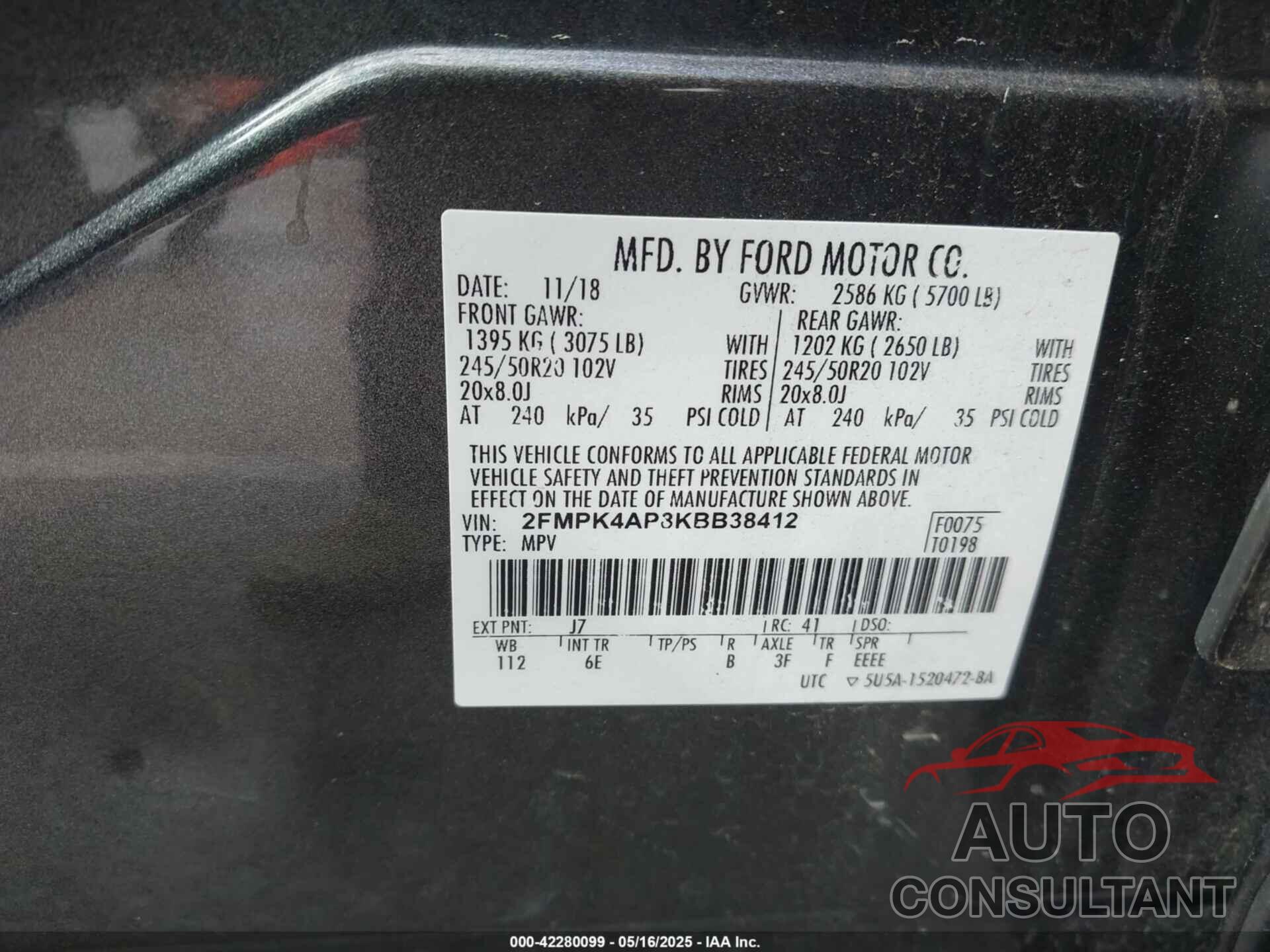FORD EDGE 2019 - 2FMPK4AP8KBB38412