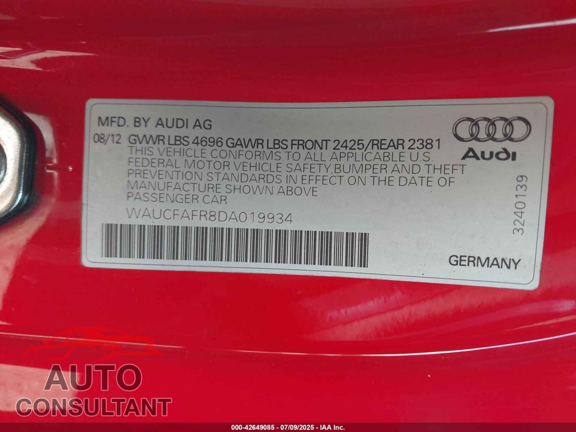 AUDI A5 2013 - WAUCFAFR8DA019934