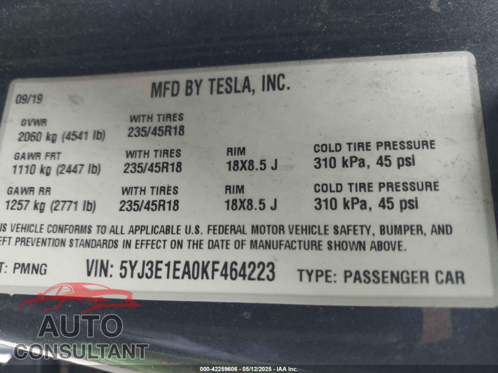 TESLA MODEL 3 2019 - 5YJ3E1EA0KF464223