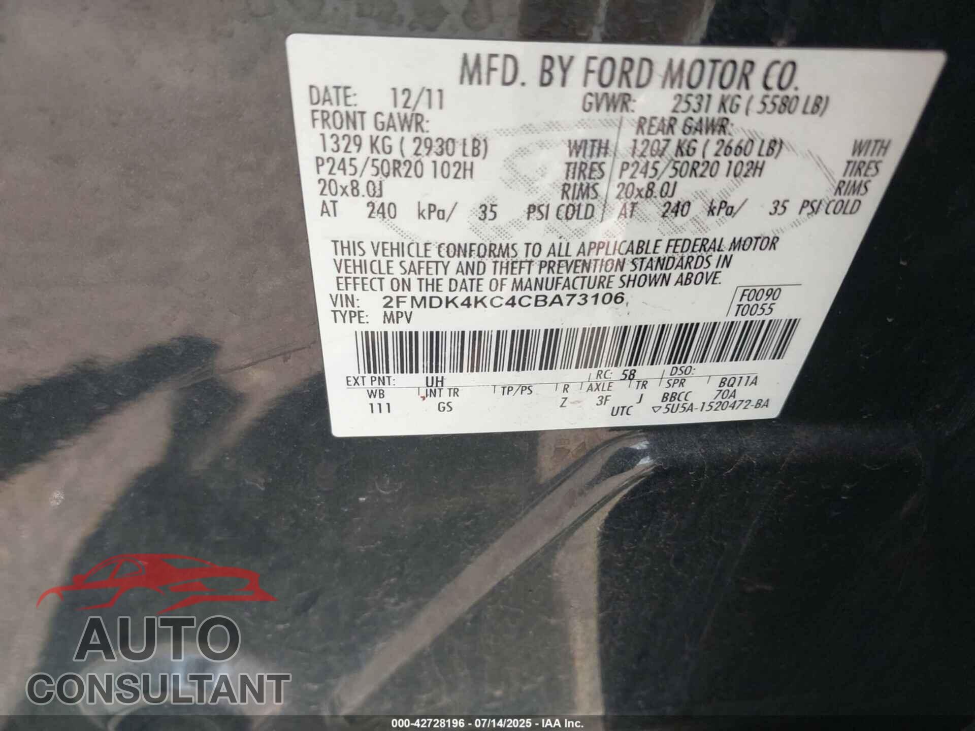 FORD EDGE 2012 - 2FMDK4KC4CBA73106