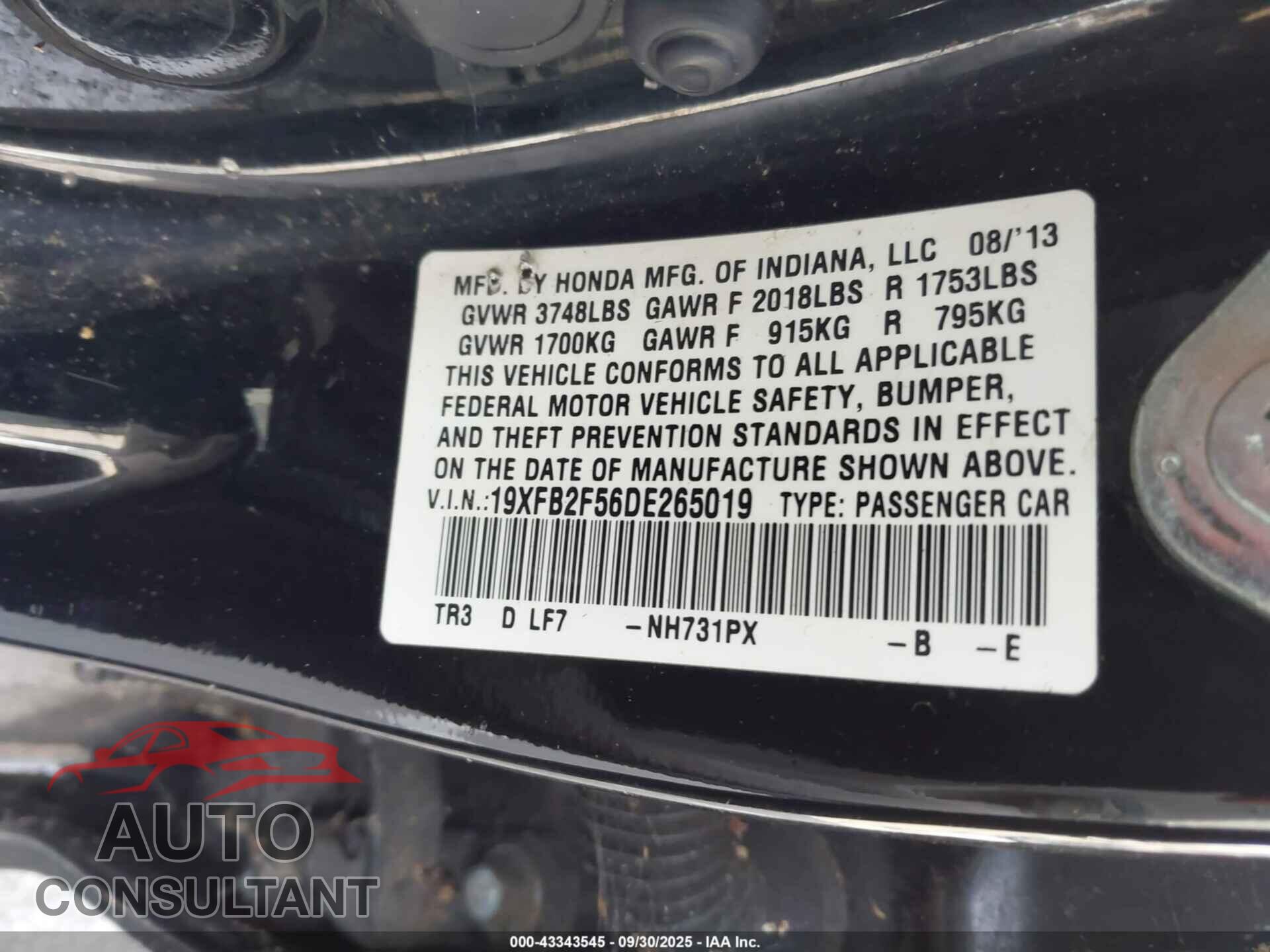 HONDA CIVIC 2013 - 19XFB2F56DE265019