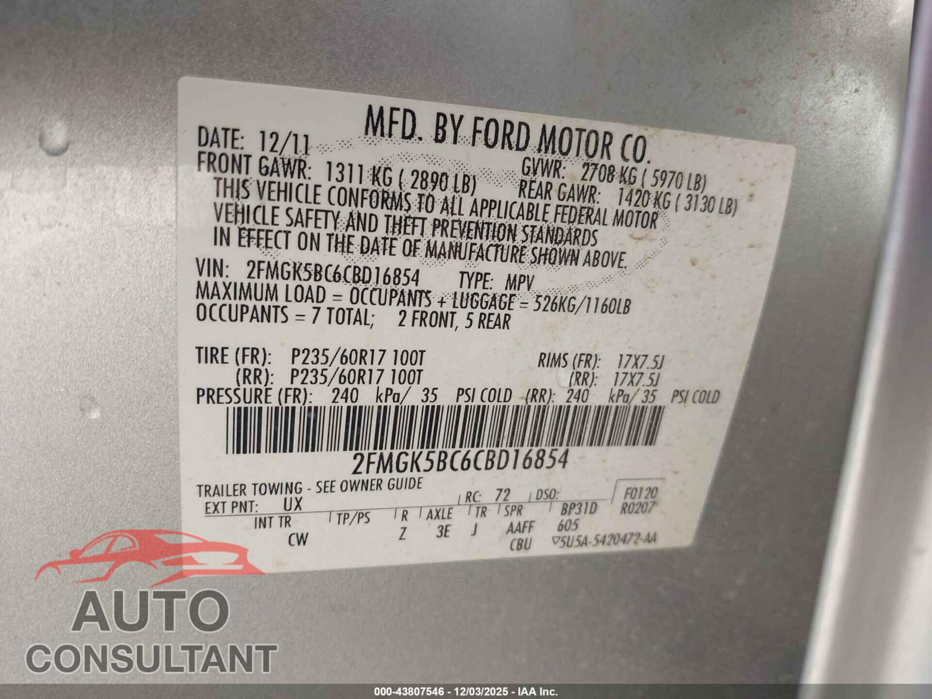 FORD FLEX 2012 - 2FMGK5BC6CBD16854