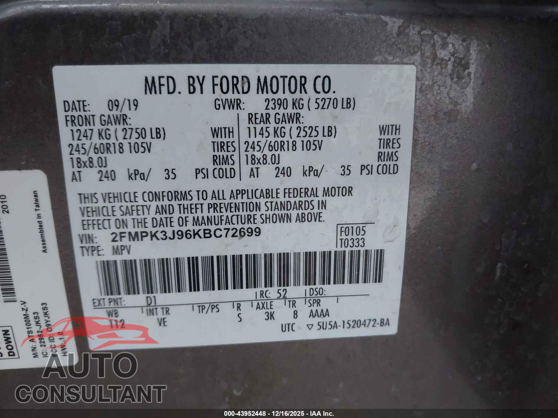 FORD EDGE 2019 - 2FMPK3J96KBC72699