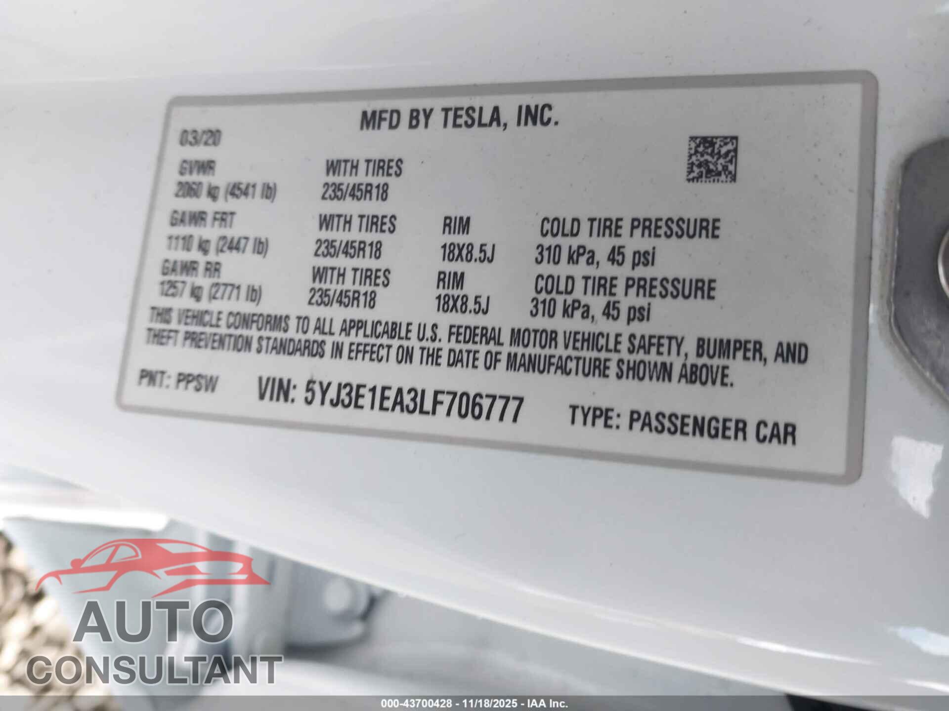 TESLA MODEL 3 2020 - 5YJ3E1EA3LF706777