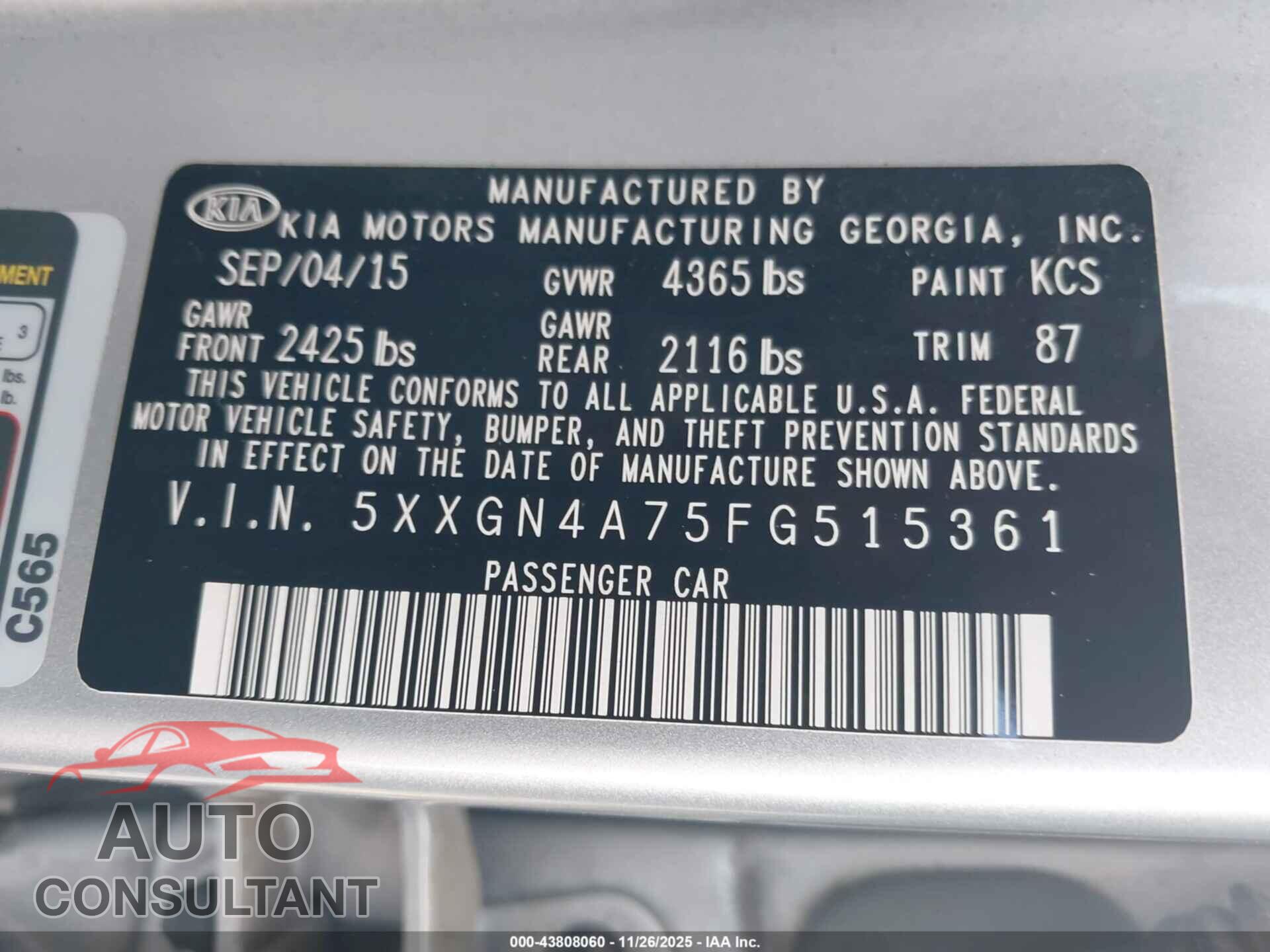 KIA OPTIMA 2015 - 5XXGN4A75FG515361