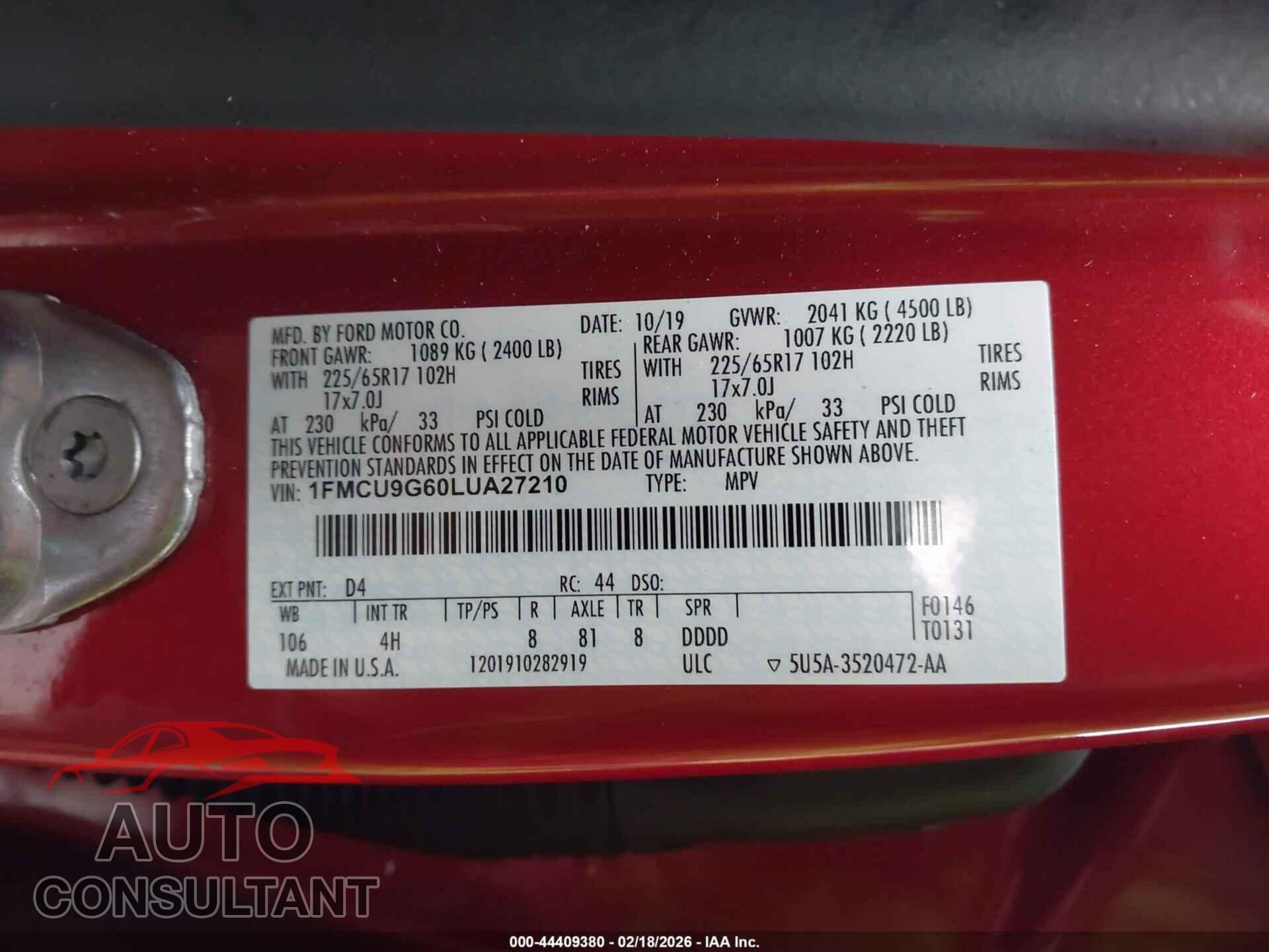 FORD ESCAPE 2020 - 1FMCU9G60LUA27210