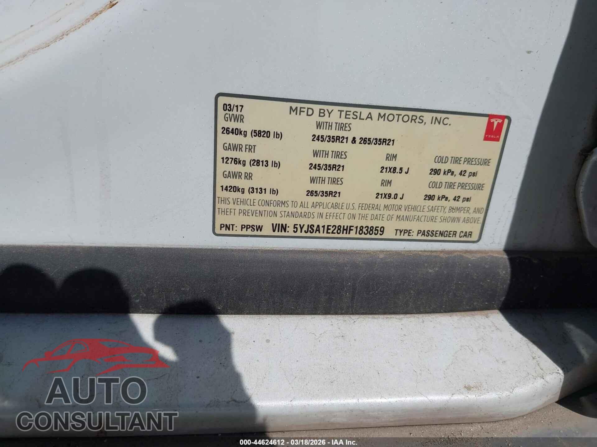 TESLA MODEL S 2017 - 5YJSA1E28HF183859
