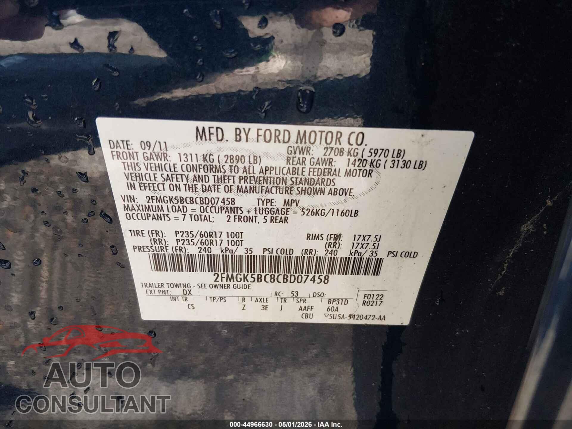 FORD FLEX 2012 - 2FMGK5BC8CBD07458