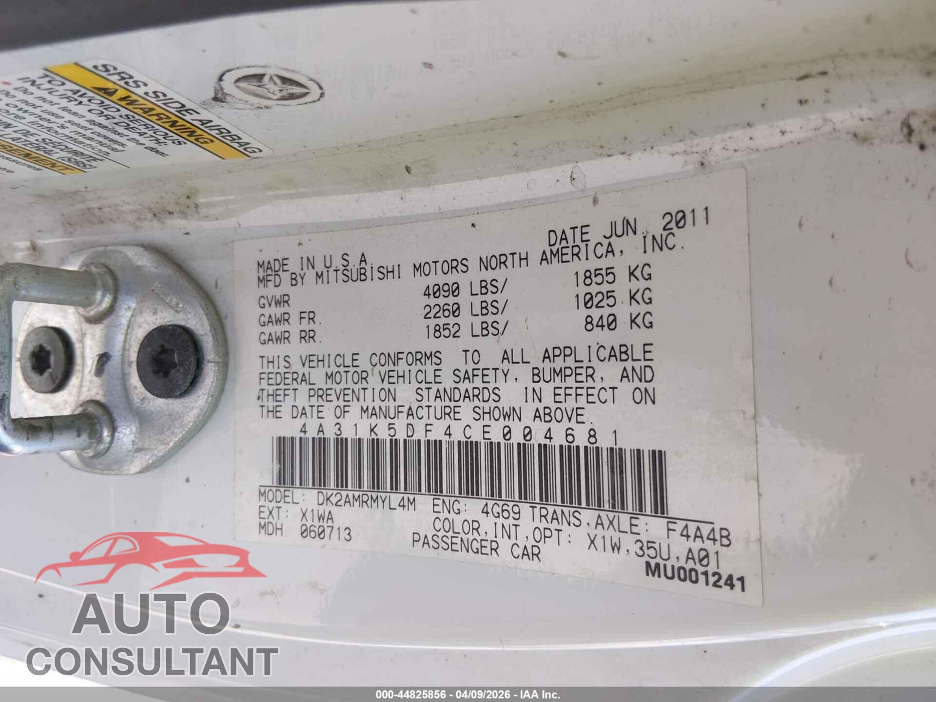 MITSUBISHI ECLIPSE 2012 - 4A31K5DF4CE004681