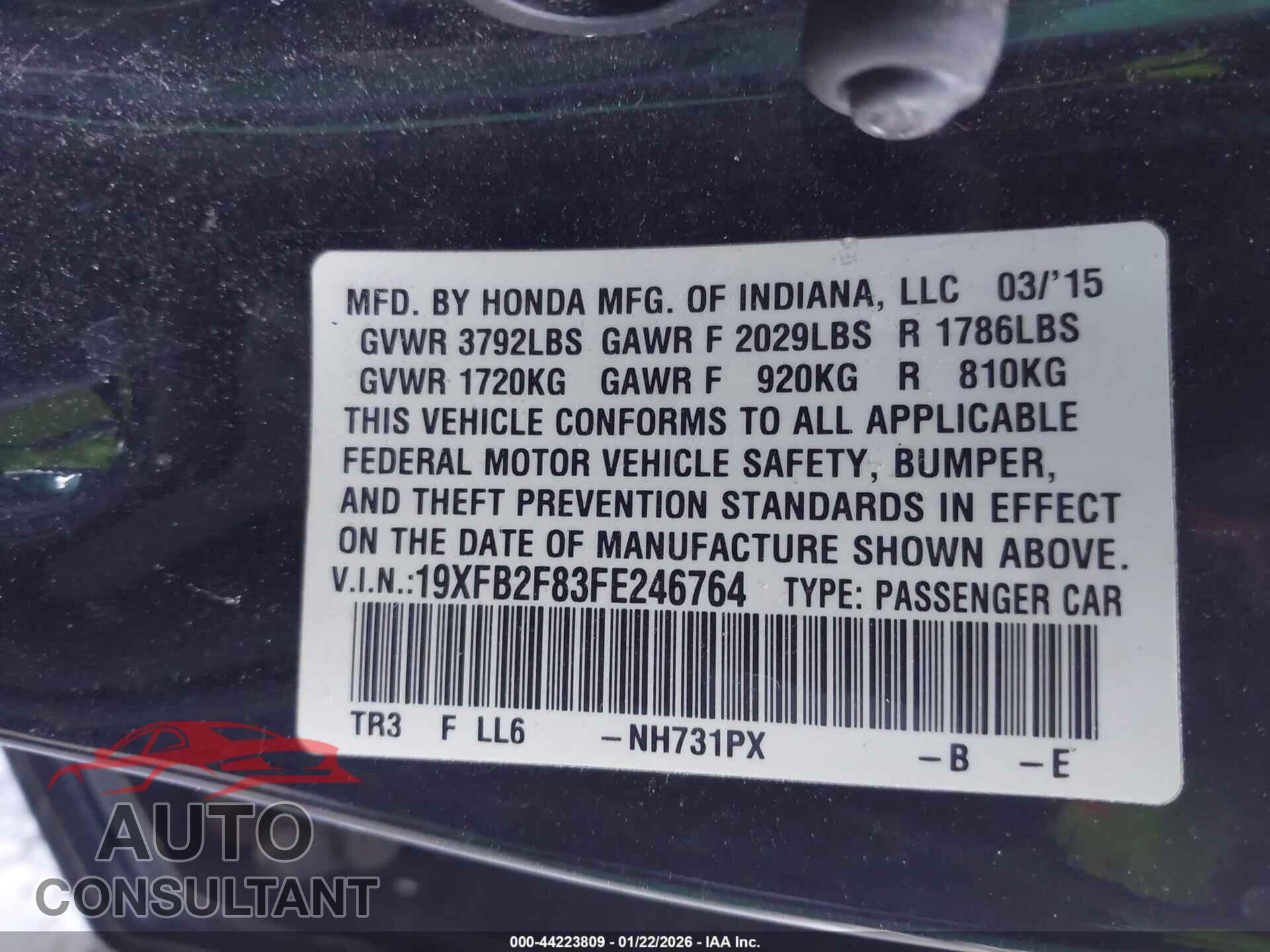 HONDA CIVIC 2015 - 19XFB2F83FE246764