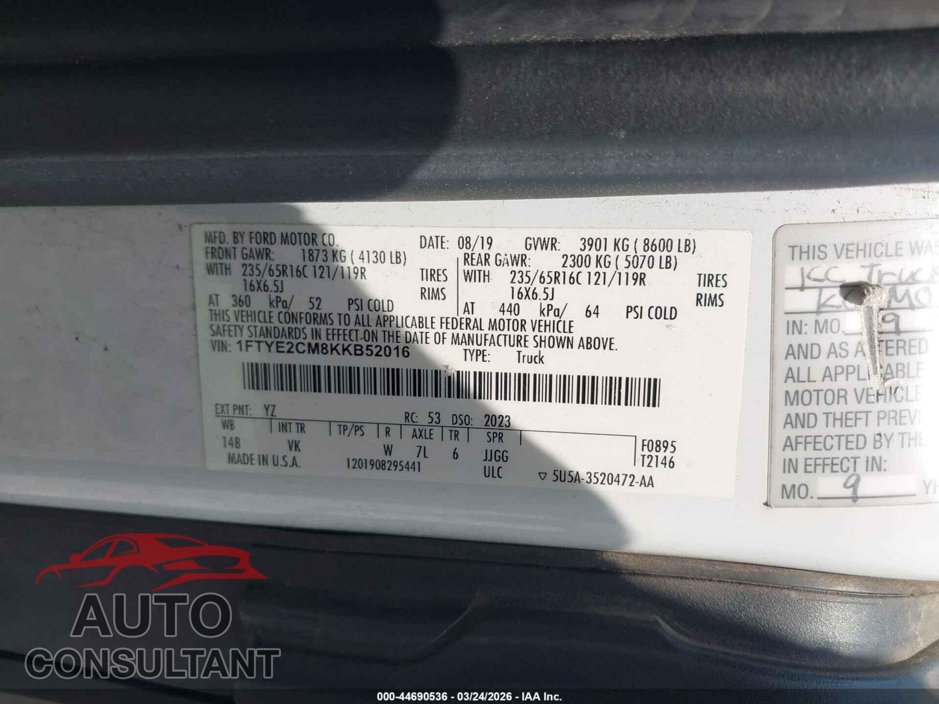 FORD TRANSIT-150 2019 - 1FTYE2CM8KKB52016