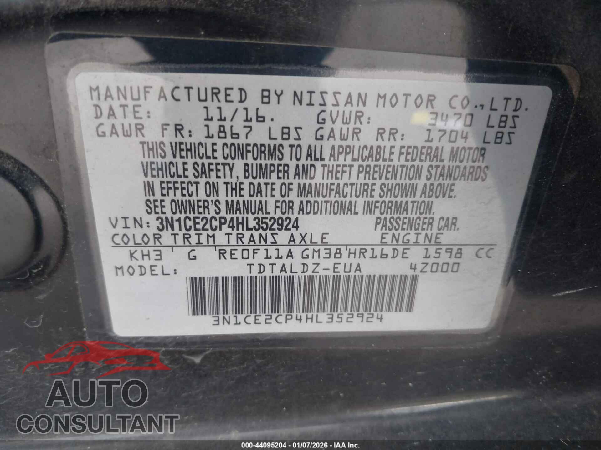 NISSAN VERSA NOTE 2017 - 3N1CE2CP4HL352924