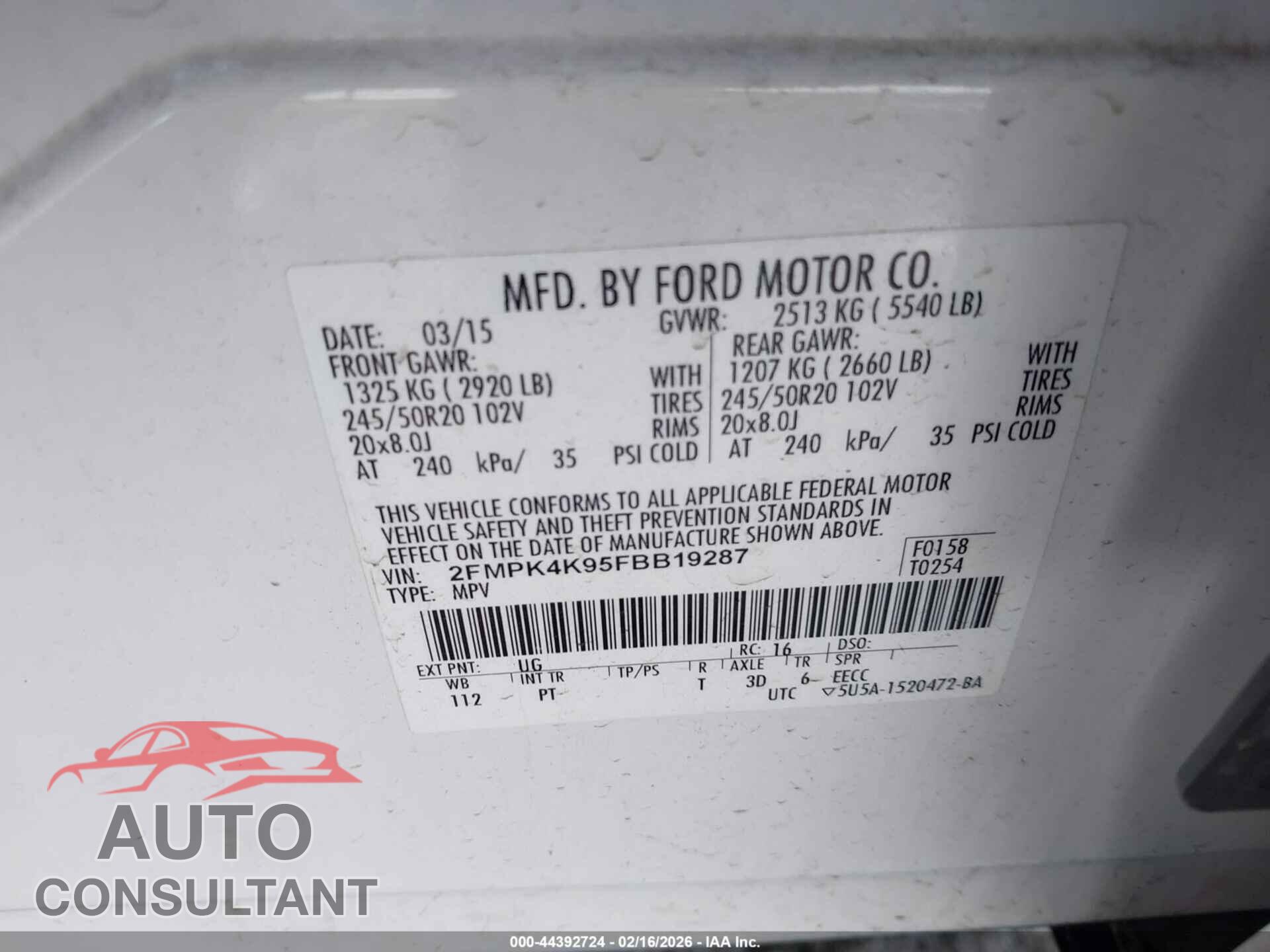 FORD EDGE 2015 - 2FMPK4K95FBB19287