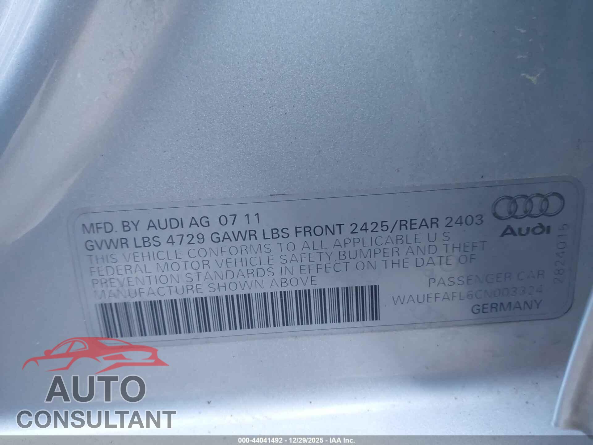 AUDI A4 2012 - WAUEFAFL6CN003324